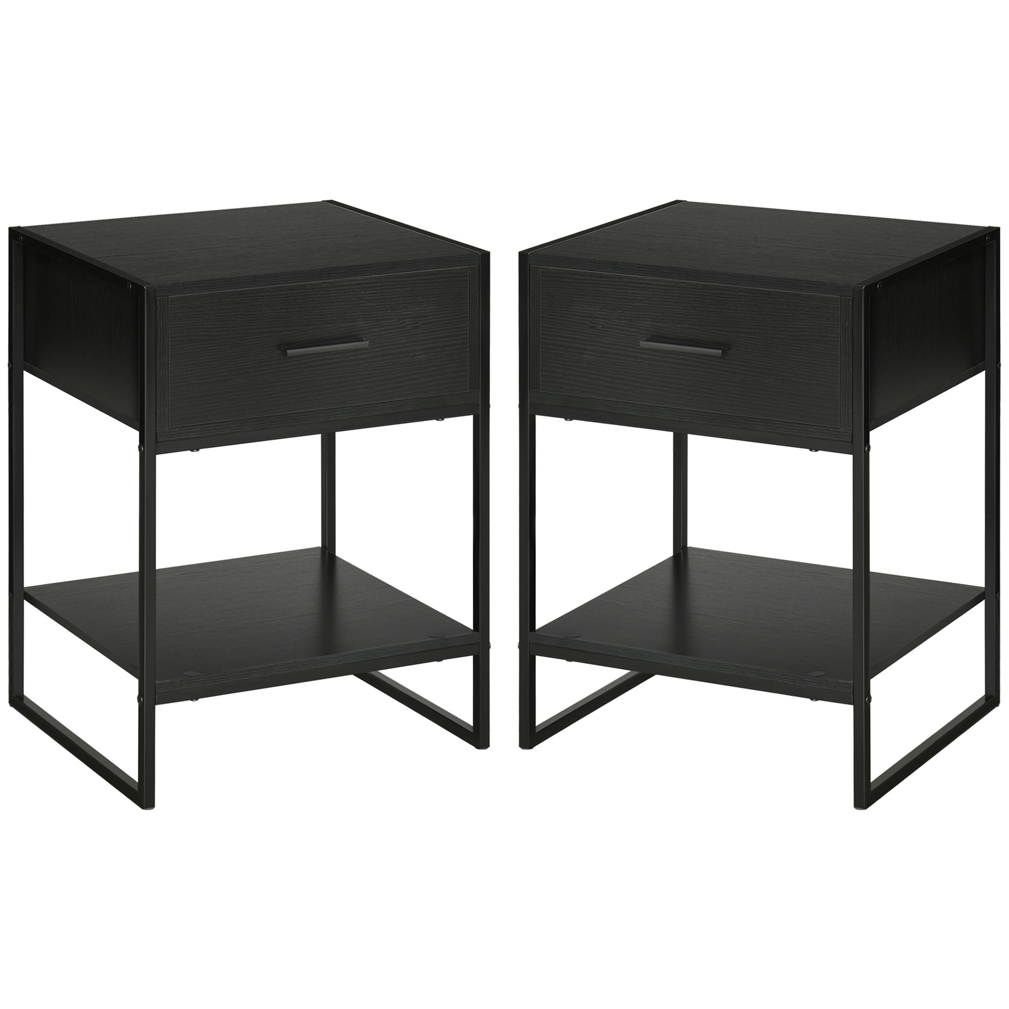 Set of 2 Modern Bedside Tables, 2 Bedroom and Living Room Bedside Tables, with Drawer and Open Shelf, Modern Design, in MDF and Steel, 45x40x60cm, Black