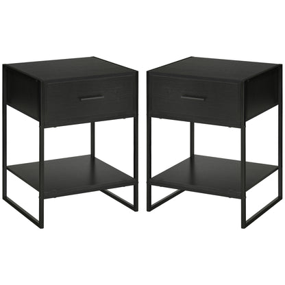 Set of 2 Modern Bedside Tables, 2 Bedroom and Living Room Bedside Tables, with Drawer and Open Shelf, Modern Design, in MDF and Steel, 45x40x60cm, Black