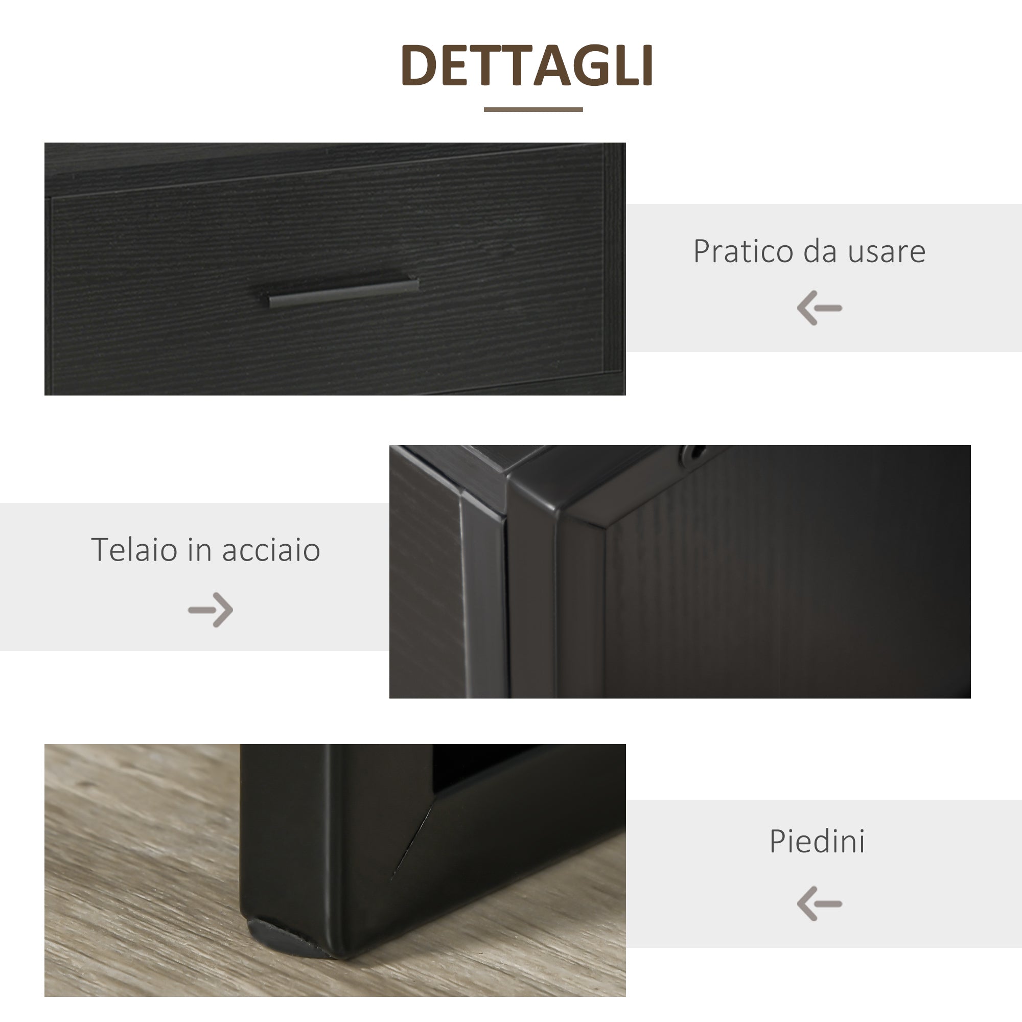 Set of 2 Modern Bedside Tables, 2 Bedroom and Living Room Bedside Tables, with Drawer and Open Shelf, Modern Design, in MDF and Steel, 45x40x60cm, Black