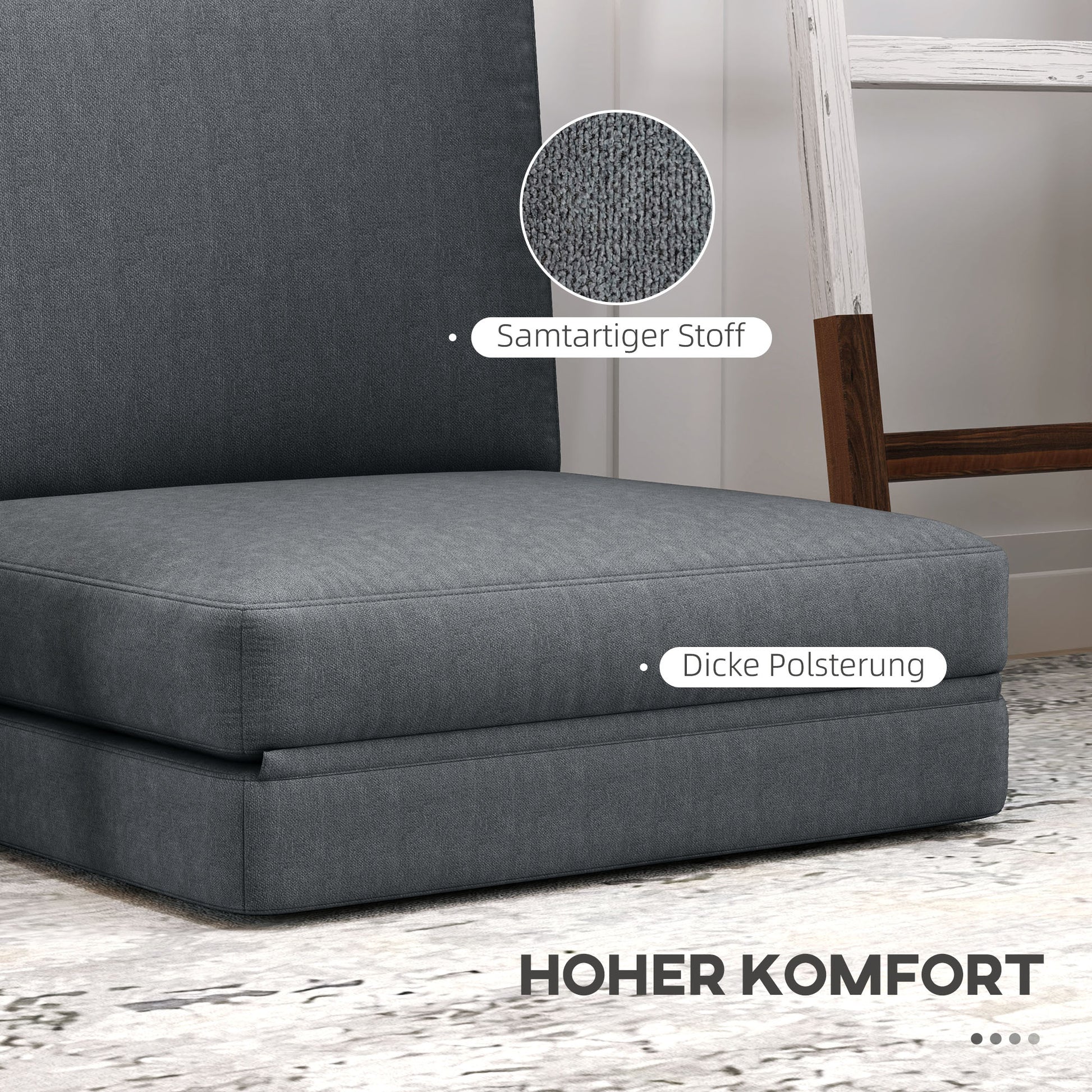 Floor Sofa 3-in-1 Foldable Sleeper Sofa with Velvet Look, Upholstered Sofa Bed up to 240 kg, for Bedroom, Living Room, Dark Gray