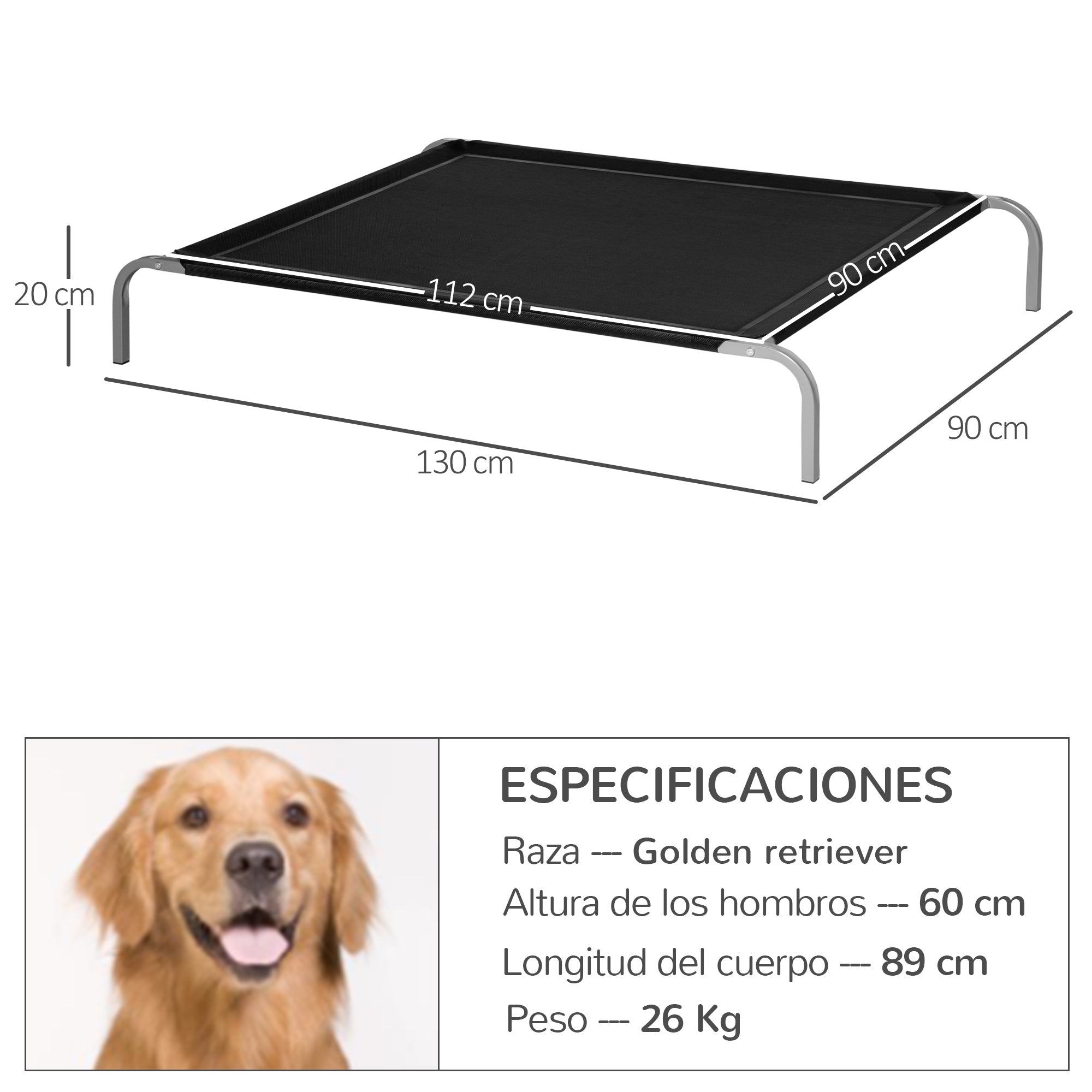 Elevated Pet Bed for Dogs Cats Breathable Pet Bed 130x90x20 cm for Sleeping Relaxing with Steel Frame for Indoor Outdoor Black
