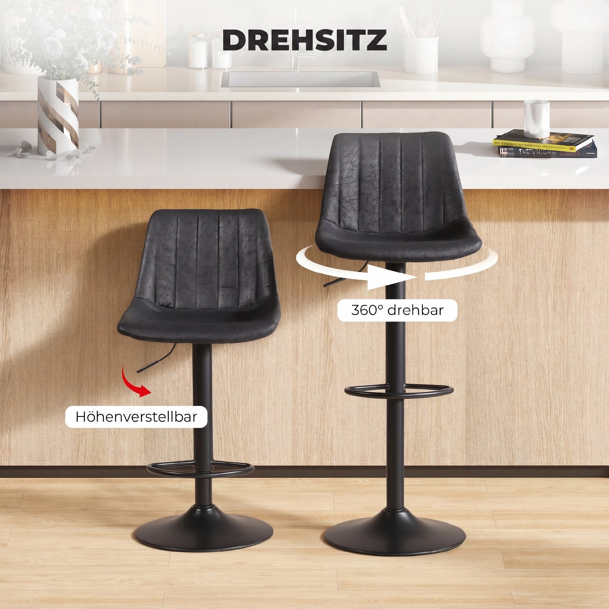 Bar Stools 2-Pack, Padded Metal Frame Bar Chairs with Backrest, Height-Adjustable Kitchen Stools with Footrest, 360° Swivel, Counter Stools for Kitchen, Living Room, Dining Room, Microfiber Black