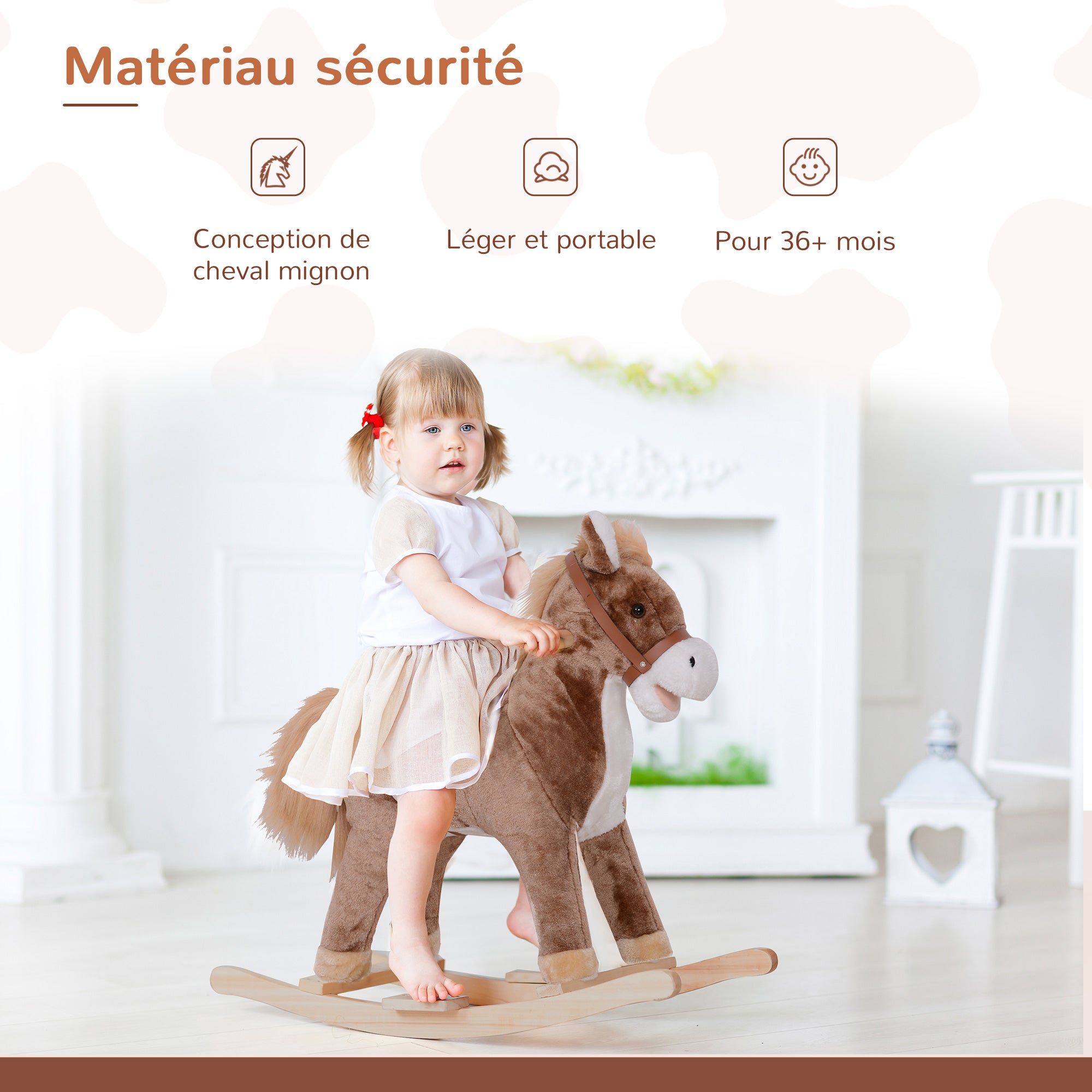Rocking Horse Cowboy Saddle Grand Comfort Short Soft Plush Poplar Wood Brown