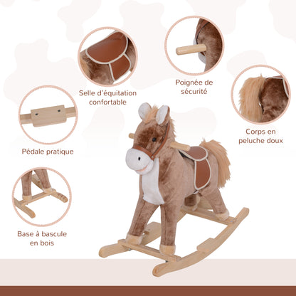 Rocking Horse Cowboy Saddle Grand Comfort Short Soft Plush Poplar Wood Brown
