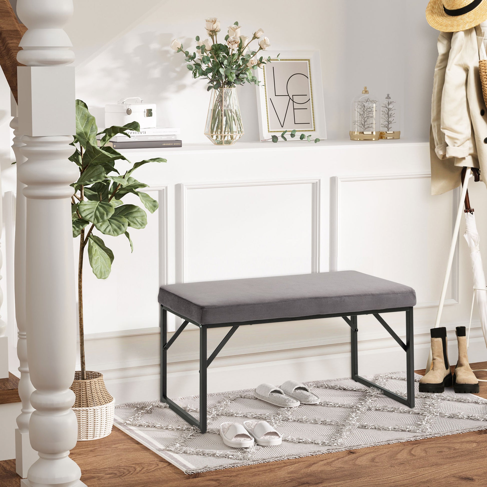 Bench Upholstered with Velvet Look, Bed Bench with Steel Legs, Shoe Bench for Bedroom, Living Room, Hallway 100 x 35 x 47 cm Dark Grey