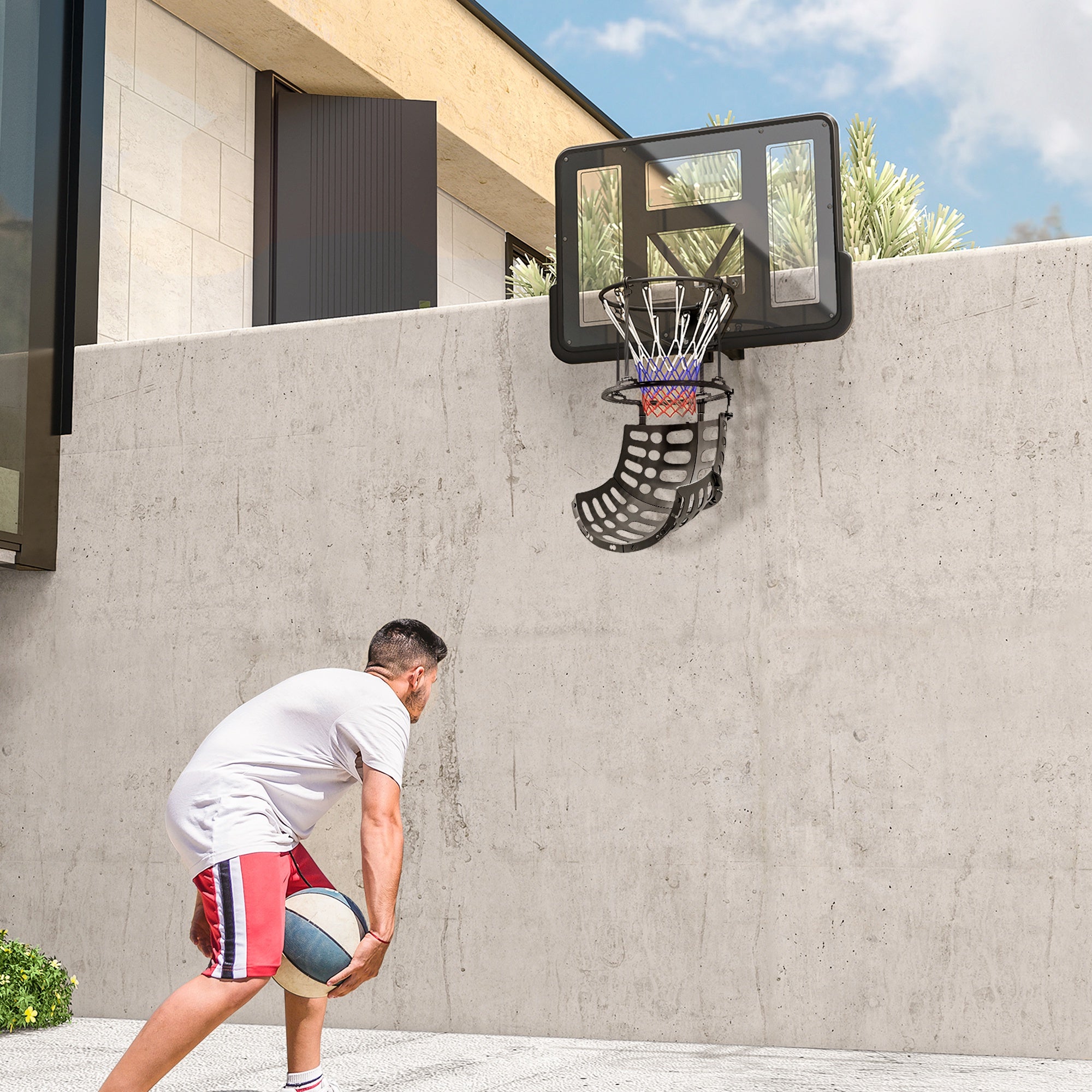 SPORTNOW Basketball Rebounder, 360° Rotatable Basketball Return Attachment, Basketball Return System for Shooting Drills, with Rebound Ramp, Indoor-Outdoor, Black