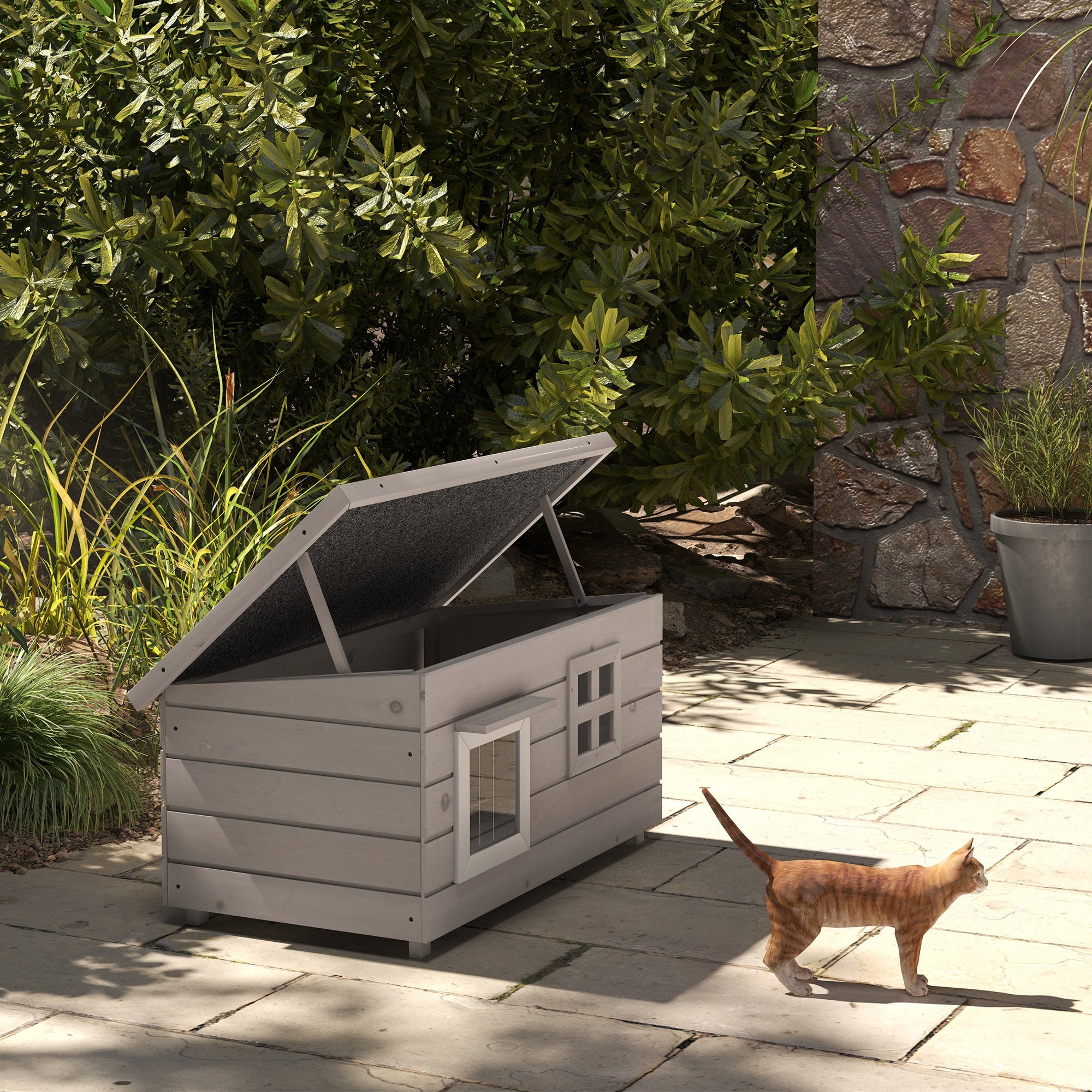 Cat House Cat Shelter with Asphalt Roof Cat Cave Pet House with Window for Cats Dogs Outdoor Winterproof Pine Gray Black 87 x 52 x 44 cm