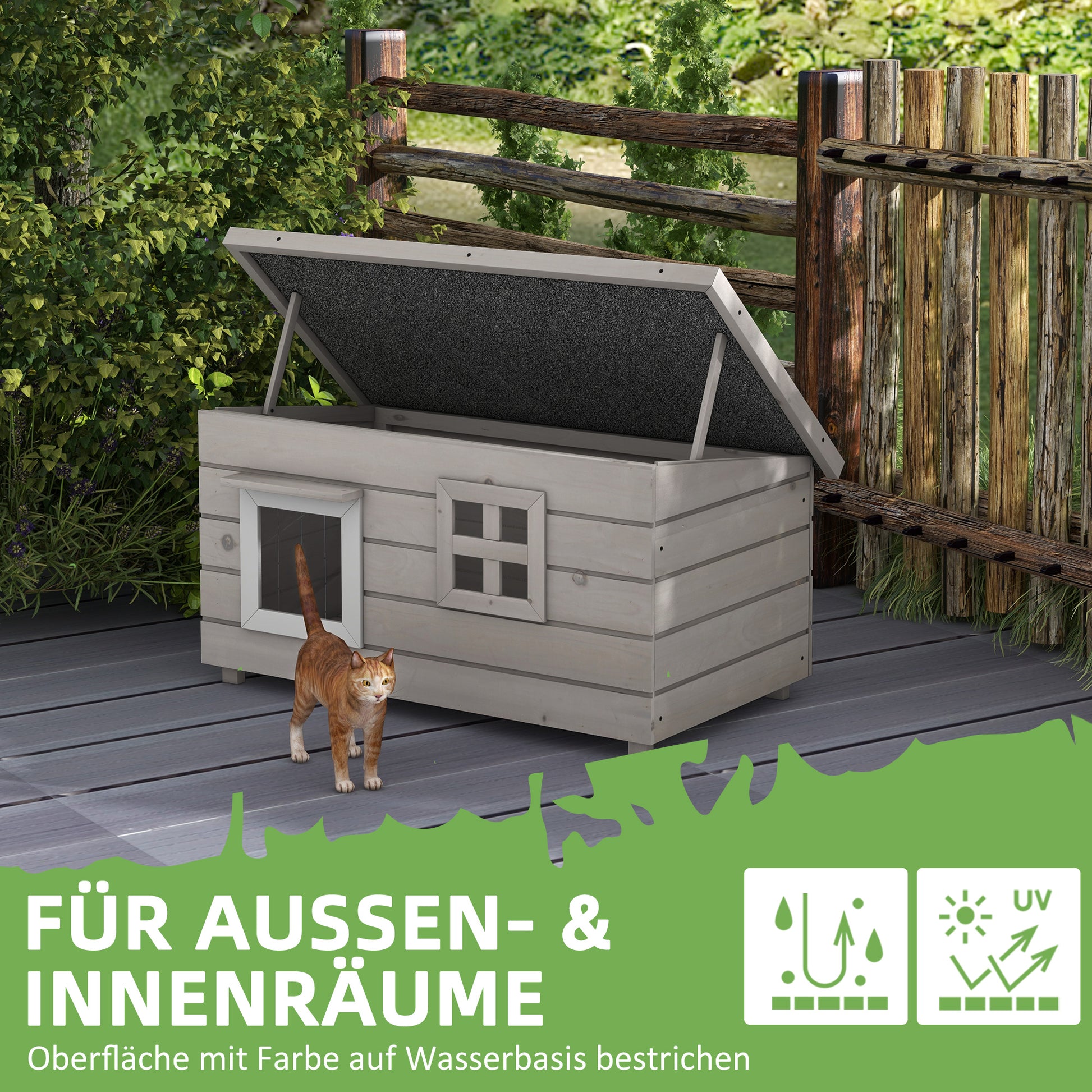 Cat House Cat Shelter with Asphalt Roof Cat Cave Pet House with Window for Cats Dogs Outdoor Winterproof Pine Gray Black 87 x 52 x 44 cm