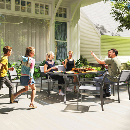 Garden Table Steel 150x90 cm Weatherproof Patio Table with Umbrella Hole, Slatted Design Buffet Table Camping Table for 6 Persons Outdoor Patio Table for Garden, Terrace Balcony Black