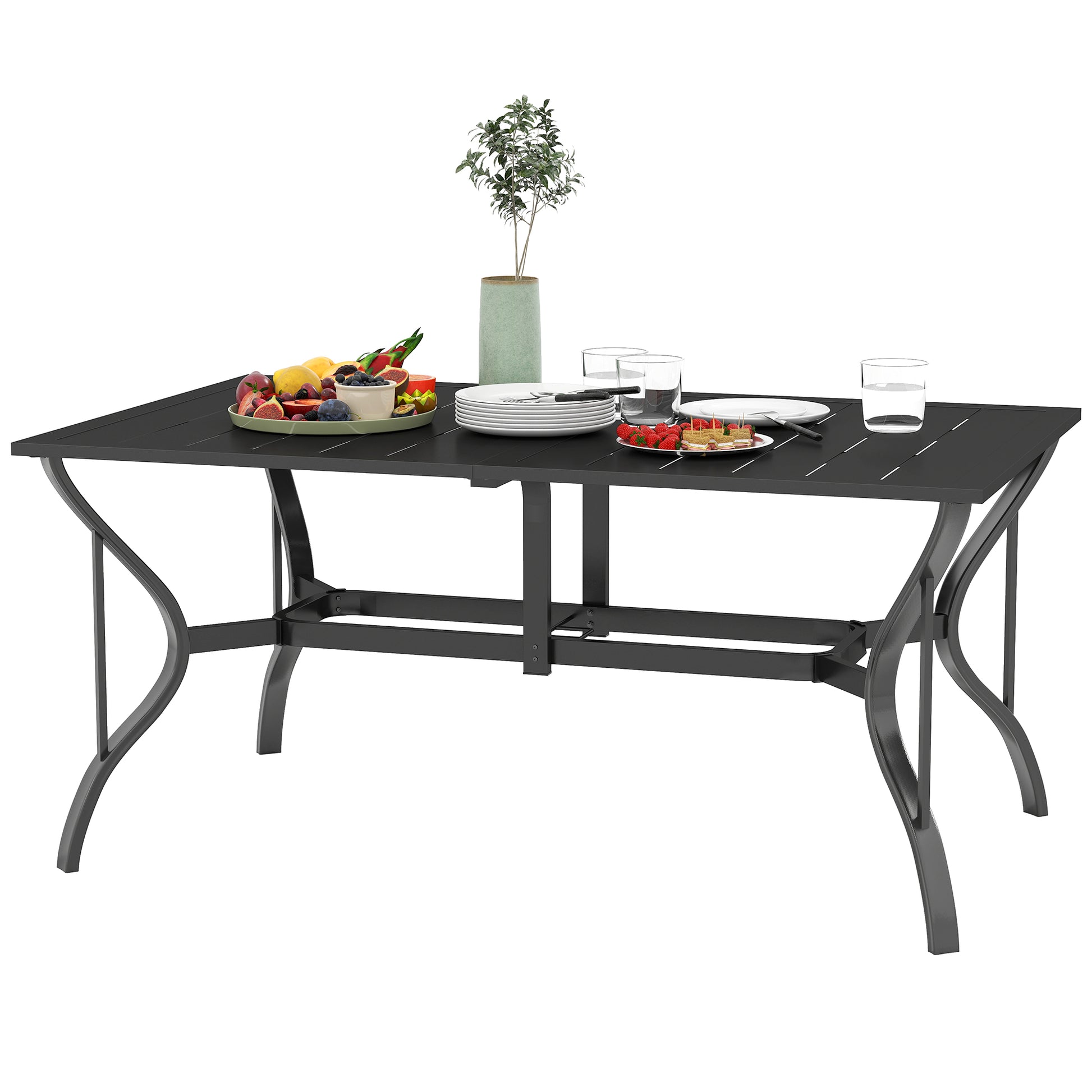 Garden Table Steel 150x90 cm Weatherproof Patio Table with Umbrella Hole, Slatted Design Buffet Table Camping Table for 6 Persons Outdoor Patio Table for Garden, Terrace Balcony Black