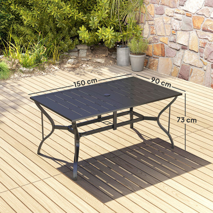 Garden Table Steel 150x90 cm Weatherproof Patio Table with Umbrella Hole, Slatted Design Buffet Table Camping Table for 6 Persons Outdoor Patio Table for Garden, Terrace Balcony Black