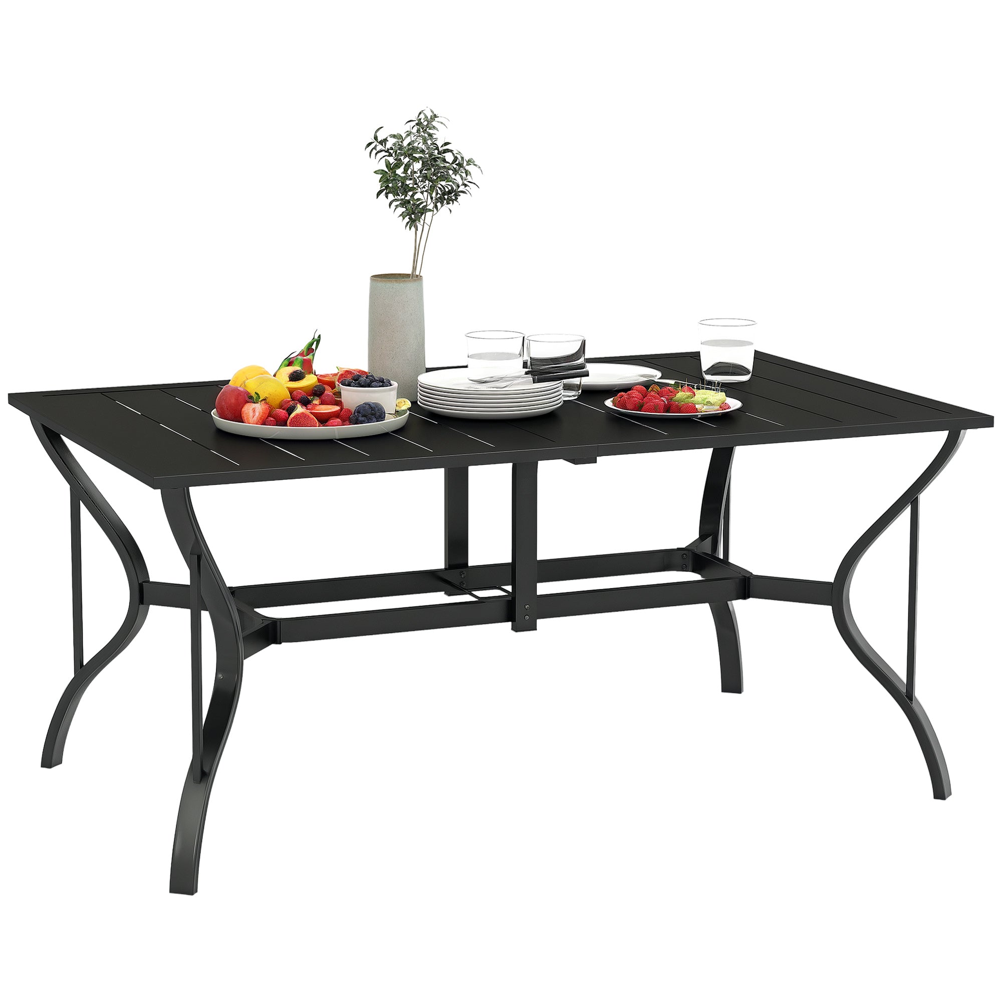 Garden Table Steel 150x90 cm Weatherproof Patio Table with Umbrella Hole, Slatted Design Buffet Table Camping Table for 6 Persons Outdoor Patio Table for Garden, Terrace Balcony Black