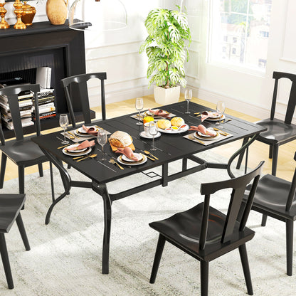 Garden Table Steel 150x90 cm Weatherproof Patio Table with Umbrella Hole, Slatted Design Buffet Table Camping Table for 6 Persons Outdoor Patio Table for Garden, Terrace Balcony Black