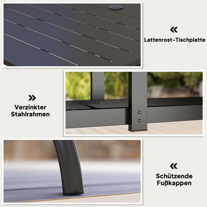 Garden Table Steel 150x90 cm Weatherproof Patio Table with Umbrella Hole, Slatted Design Buffet Table Camping Table for 6 Persons Outdoor Patio Table for Garden, Terrace Balcony Black