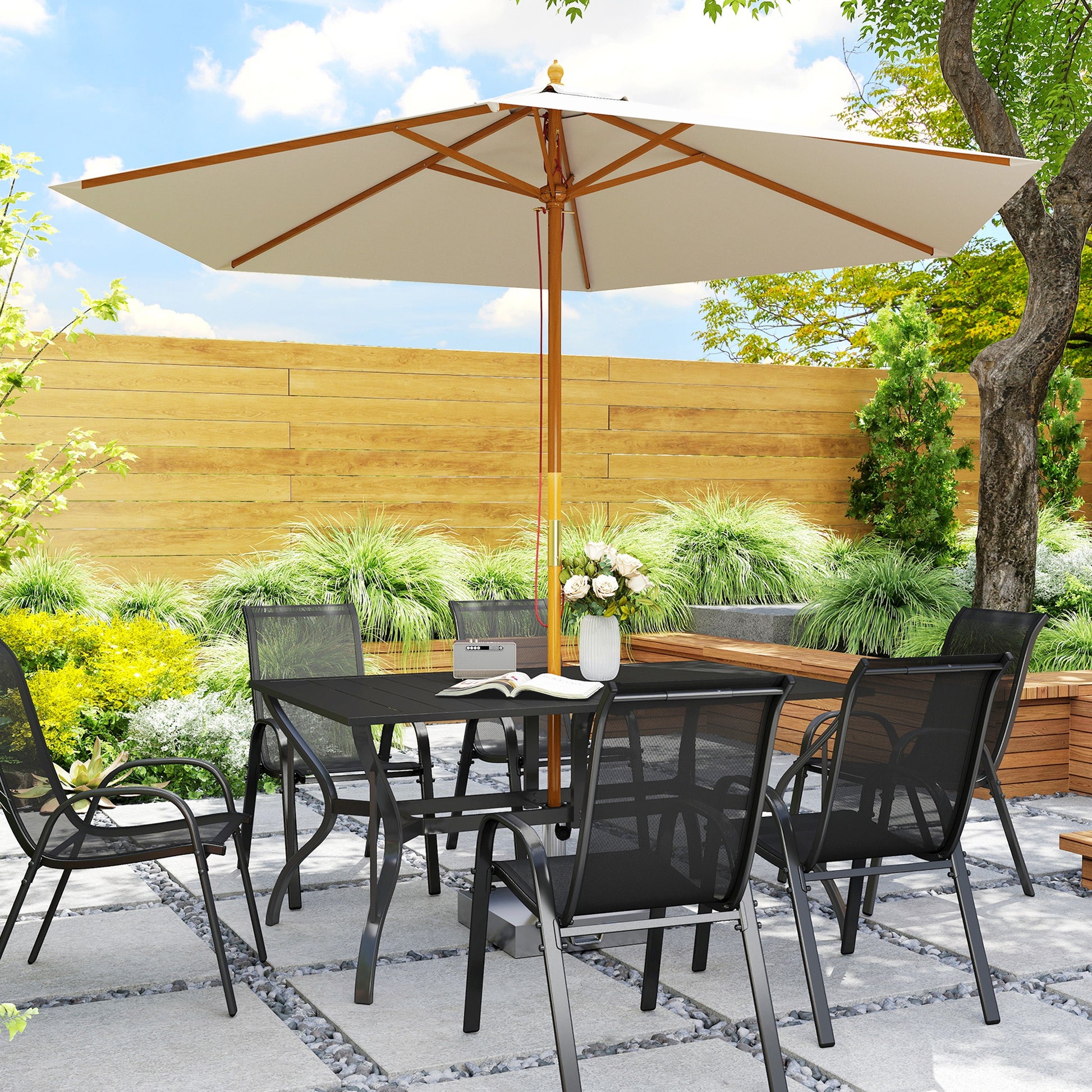 Garden Table Steel 150x90 cm Weatherproof Patio Table with Umbrella Hole, Slatted Design Buffet Table Camping Table for 6 Persons Outdoor Patio Table for Garden, Terrace Balcony Black