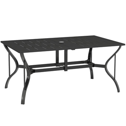 Garden Table Steel 150x90 cm Weatherproof Patio Table with Umbrella Hole, Slatted Design Buffet Table Camping Table for 6 Persons Outdoor Patio Table for Garden, Terrace Balcony Black