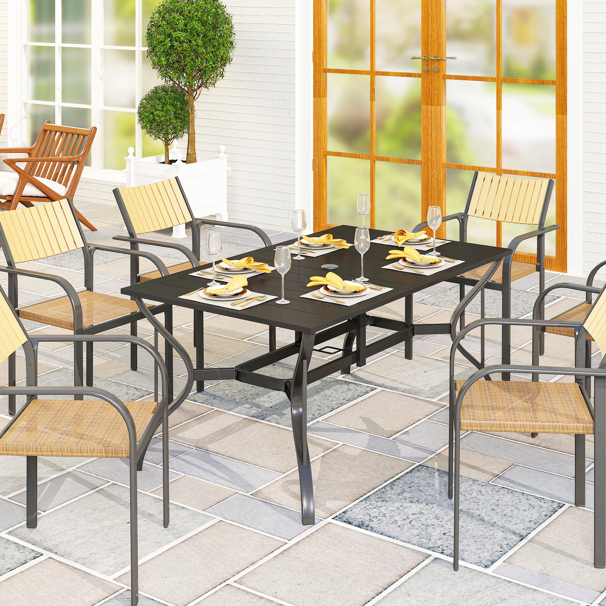 Garden Table Steel 150x90 cm Weatherproof Patio Table with Umbrella Hole, Slatted Design Buffet Table Camping Table for 6 Persons Outdoor Patio Table for Garden, Terrace Balcony Black