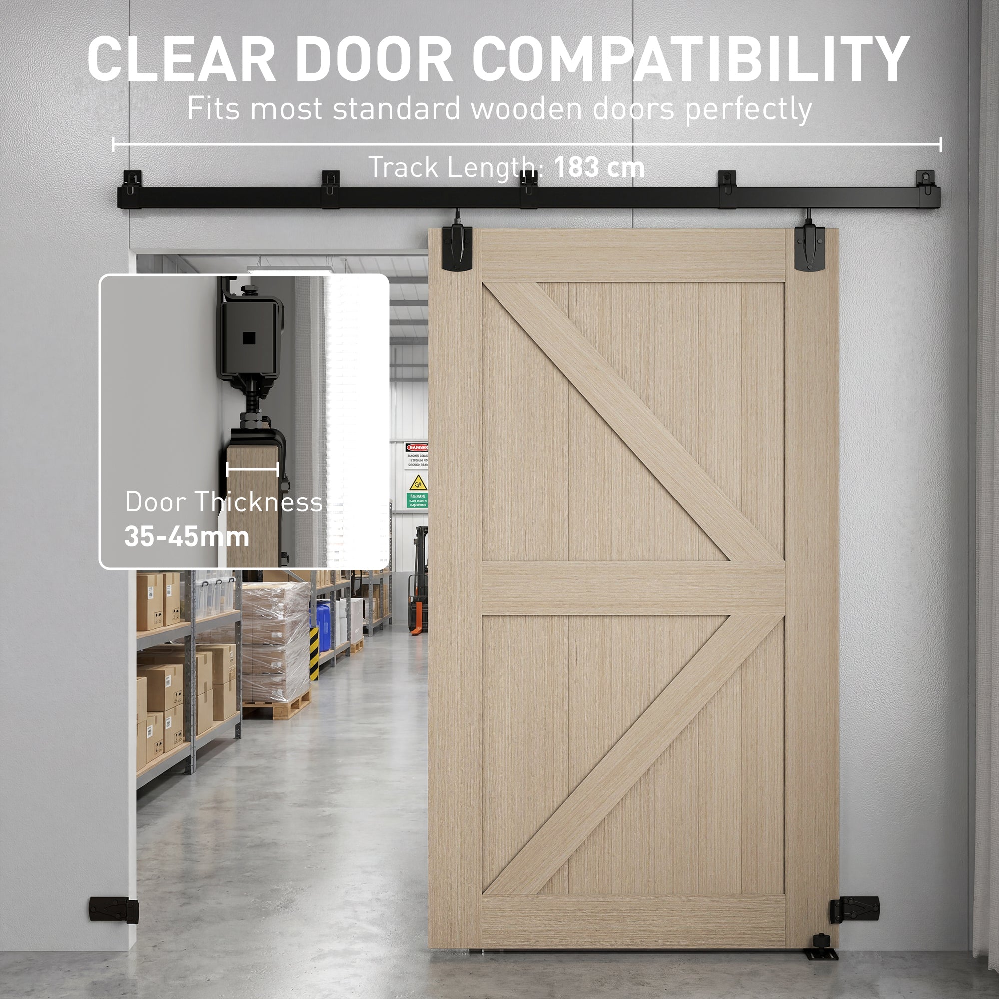 Sliding Door Hardware Kit 2.44 m (8 ft) with Rail – Clamp Hanger Sliding Door System in Carbon Steel, Screw Set with UV Protection for Single Doors, Black