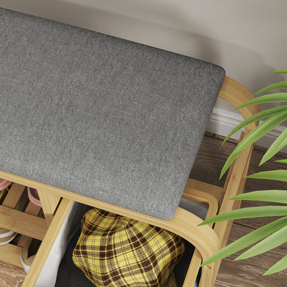 Shoe Bench with 2 Levels, Bench with Pull-Out Basket, 2 Shoe Shelves, Hallway Bench with Linen Look, for 5 Pairs of Shoes, for Hallway, Gray, 70 x 30 x 45 cm