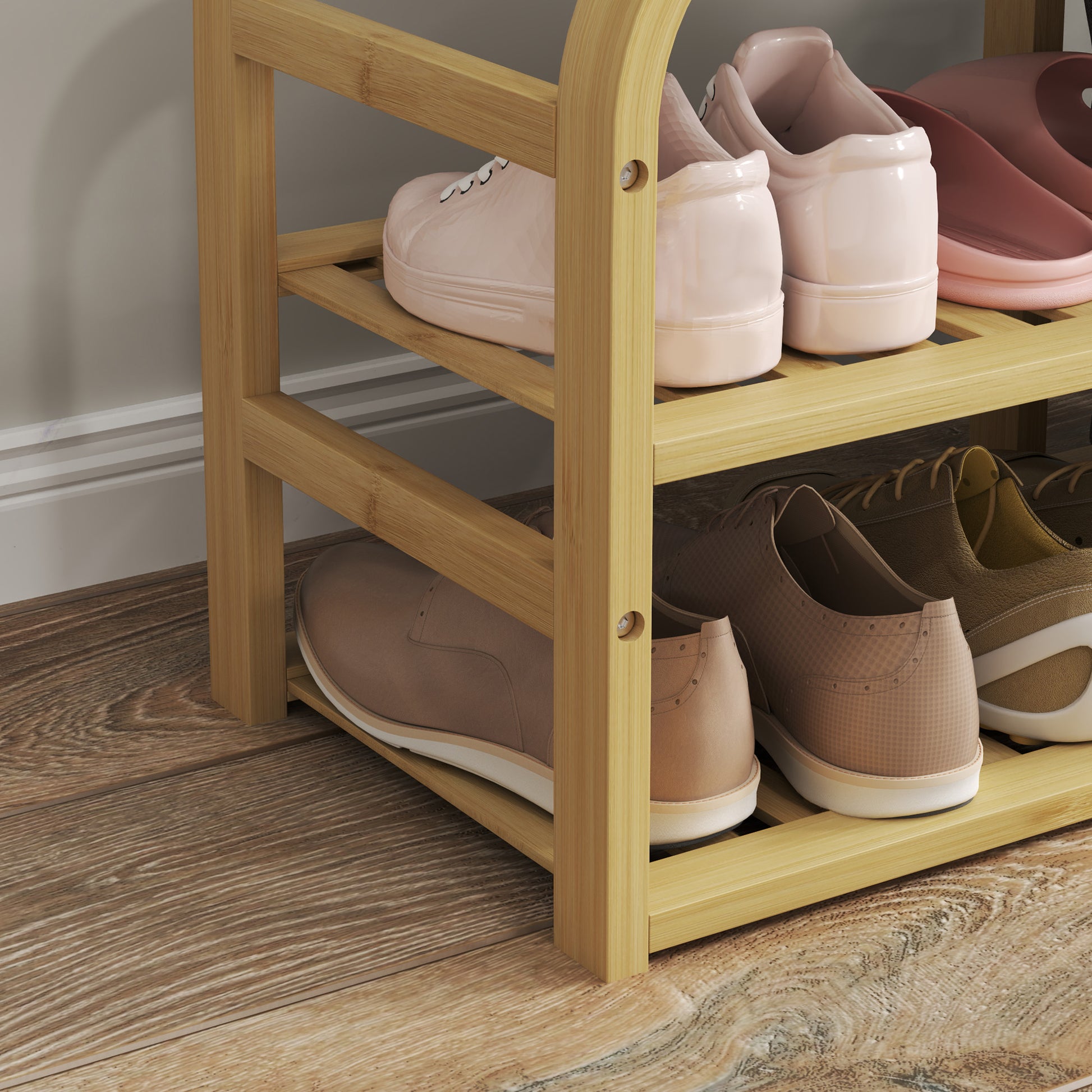 Shoe Bench with 2 Levels, Bench with Pull-Out Basket, 2 Shoe Shelves, Hallway Bench with Linen Look, for 5 Pairs of Shoes, for Hallway, Gray, 70 x 30 x 45 cm