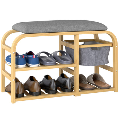 Shoe Bench with 2 Levels, Bench with Pull-Out Basket, 2 Shoe Shelves, Hallway Bench with Linen Look, for 5 Pairs of Shoes, for Hallway, Gray, 70 x 30 x 45 cm