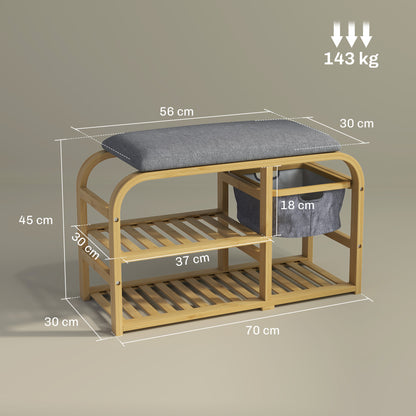 Shoe Bench with 2 Levels, Bench with Pull-Out Basket, 2 Shoe Shelves, Hallway Bench with Linen Look, for 5 Pairs of Shoes, for Hallway, Gray, 70 x 30 x 45 cm