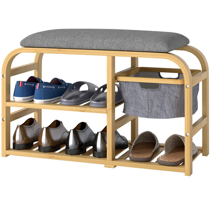 Shoe Bench with 2 Levels, Bench with Pull-Out Basket, 2 Shoe Shelves, Hallway Bench with Linen Look, for 5 Pairs of Shoes, for Hallway, Gray, 70 x 30 x 45 cm