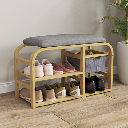 Shoe Bench with 2 Levels, Bench with Pull-Out Basket, 2 Shoe Shelves, Hallway Bench with Linen Look, for 5 Pairs of Shoes, for Hallway, Gray, 70 x 30 x 45 cm