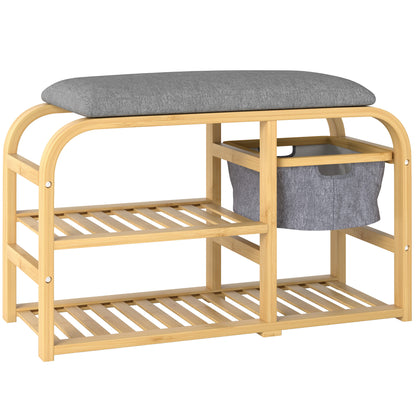 Shoe Bench with 2 Levels, Bench with Pull-Out Basket, 2 Shoe Shelves, Hallway Bench with Linen Look, for 5 Pairs of Shoes, for Hallway, Gray, 70 x 30 x 45 cm