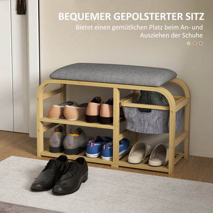 Shoe Bench with 2 Levels, Bench with Pull-Out Basket, 2 Shoe Shelves, Hallway Bench with Linen Look, for 5 Pairs of Shoes, for Hallway, Gray, 70 x 30 x 45 cm