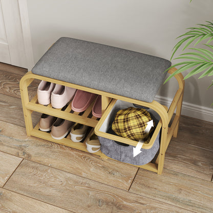Shoe Bench with 2 Levels, Bench with Pull-Out Basket, 2 Shoe Shelves, Hallway Bench with Linen Look, for 5 Pairs of Shoes, for Hallway, Gray, 70 x 30 x 45 cm