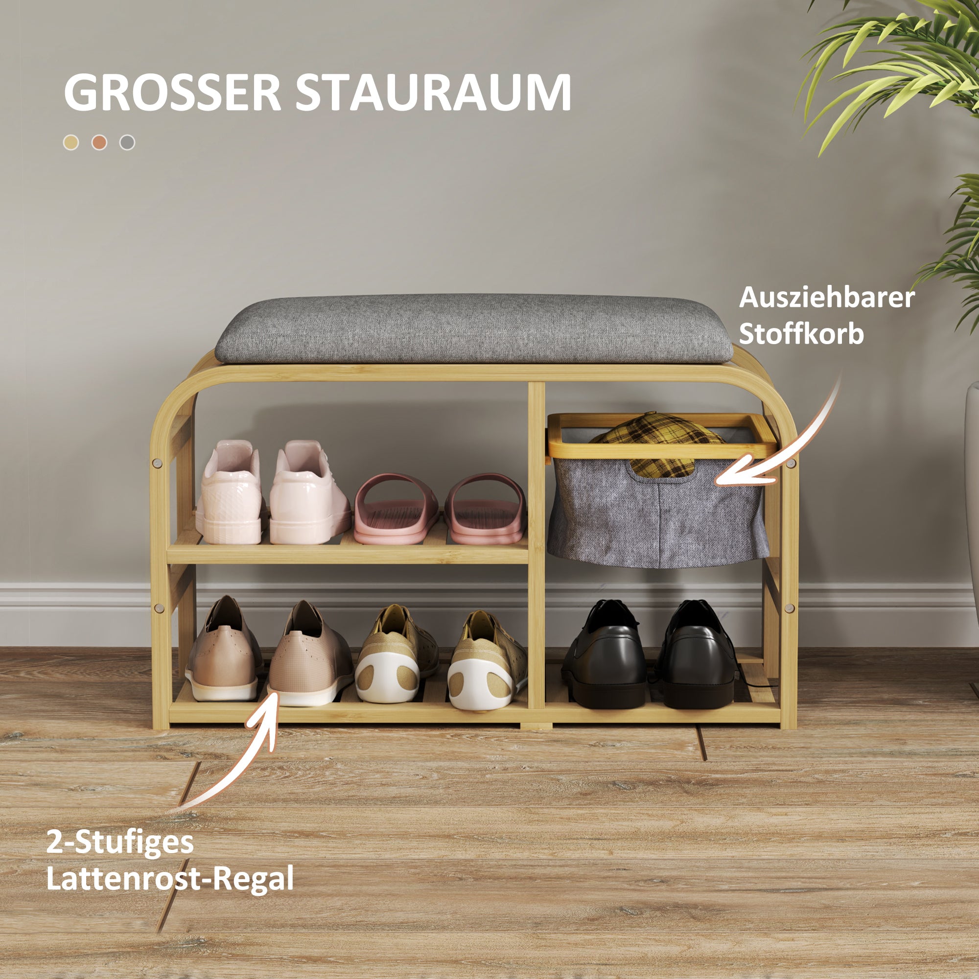 Shoe Bench with 2 Levels, Bench with Pull-Out Basket, 2 Shoe Shelves, Hallway Bench with Linen Look, for 5 Pairs of Shoes, for Hallway, Gray, 70 x 30 x 45 cm