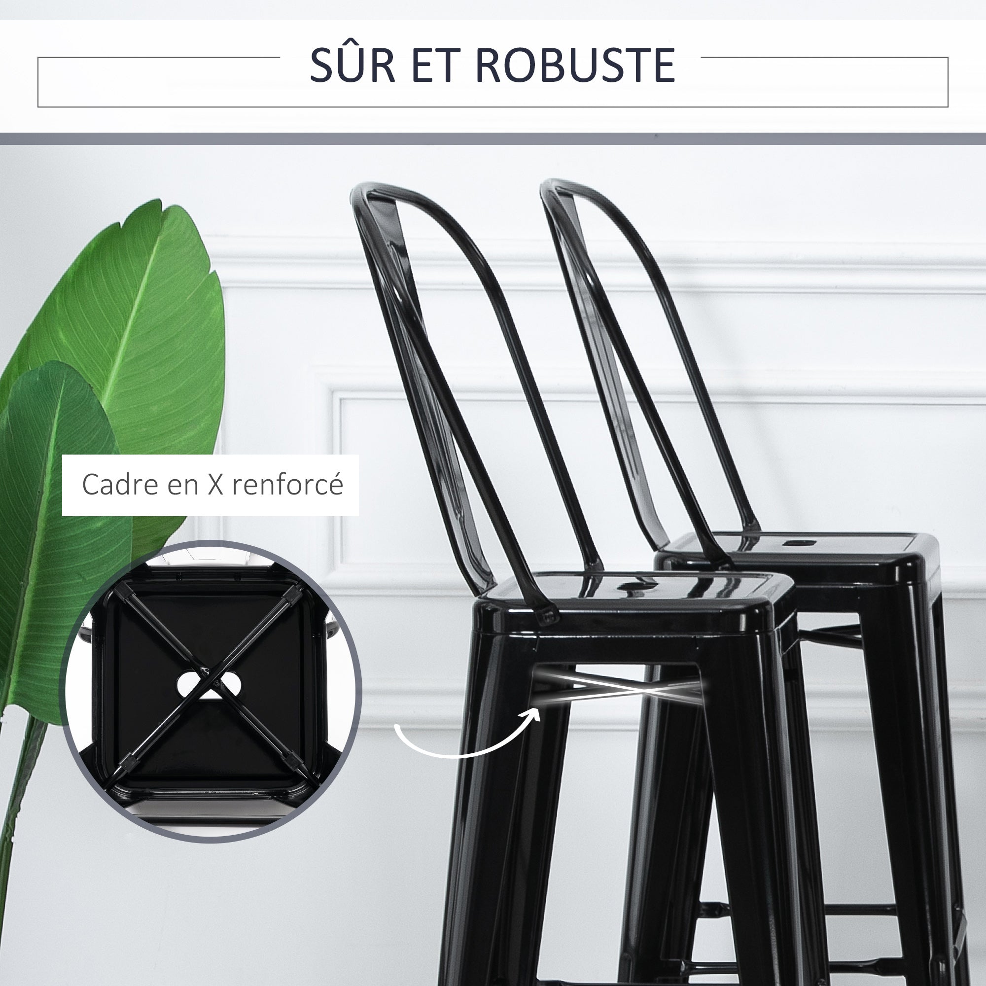 Set of 4 Stackable Bar Stools Industrial Bar Chair with Backrest Footrest Seating Height 76 cm Black Metal