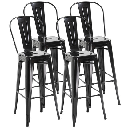 Set of 4 Stackable Bar Stools Industrial Bar Chair with Backrest Footrest Seating Height 76 cm Black Metal