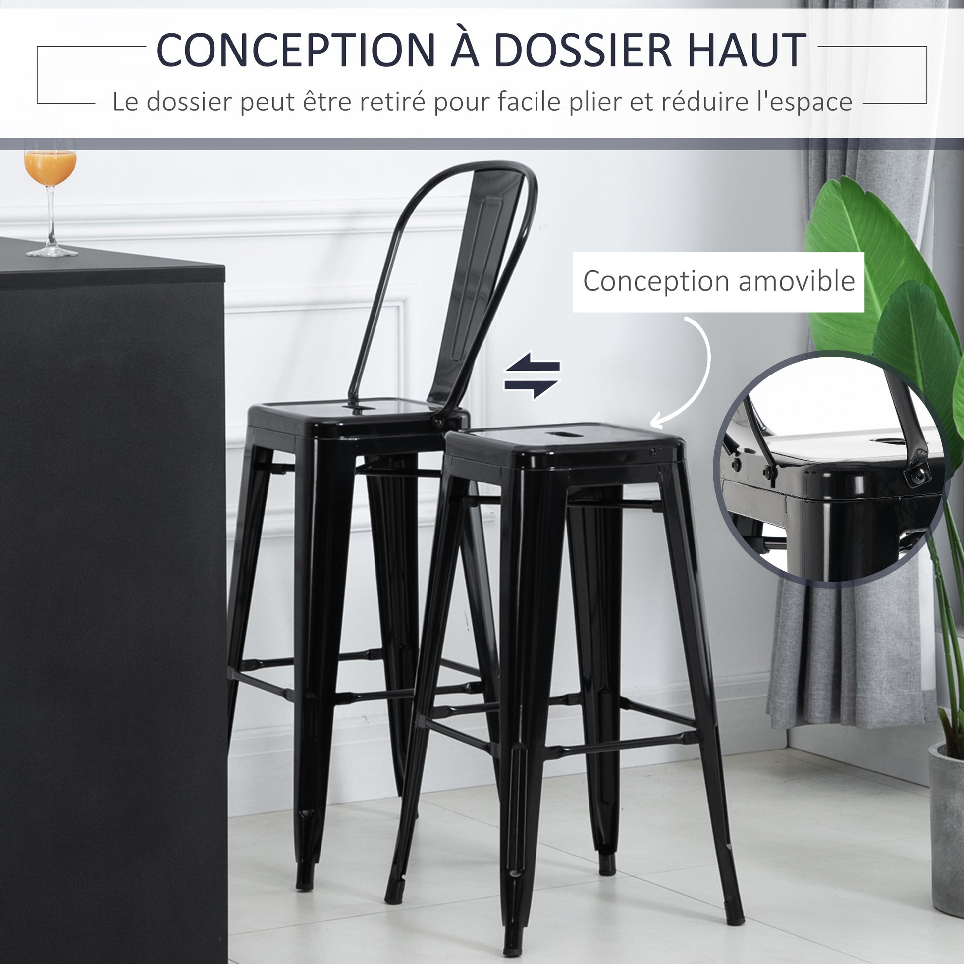 Set of 4 Stackable Bar Stools Industrial Bar Chair with Backrest Footrest Seating Height 76 cm Black Metal