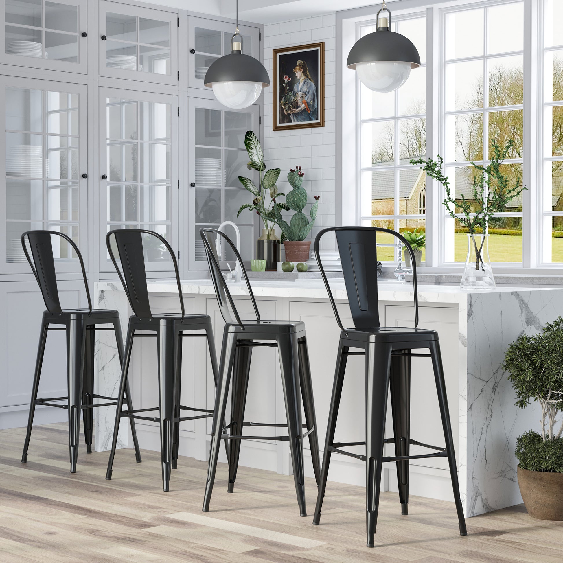 Set of 4 Stackable Bar Stools Industrial Bar Chair with Backrest Footrest Seating Height 76 cm Black Metal