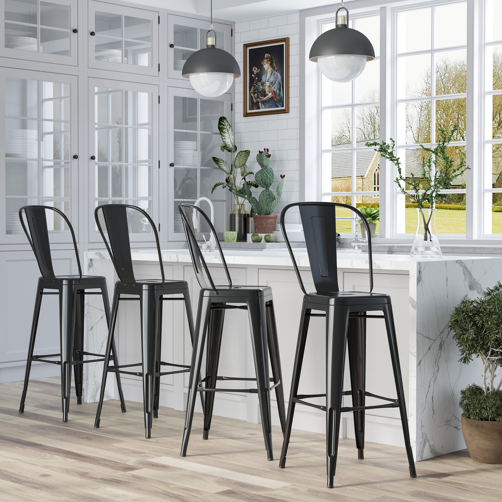 Set of 4 Stackable Bar Stools Industrial Bar Chair with Backrest Footrest Seating Height 76 cm Black Metal