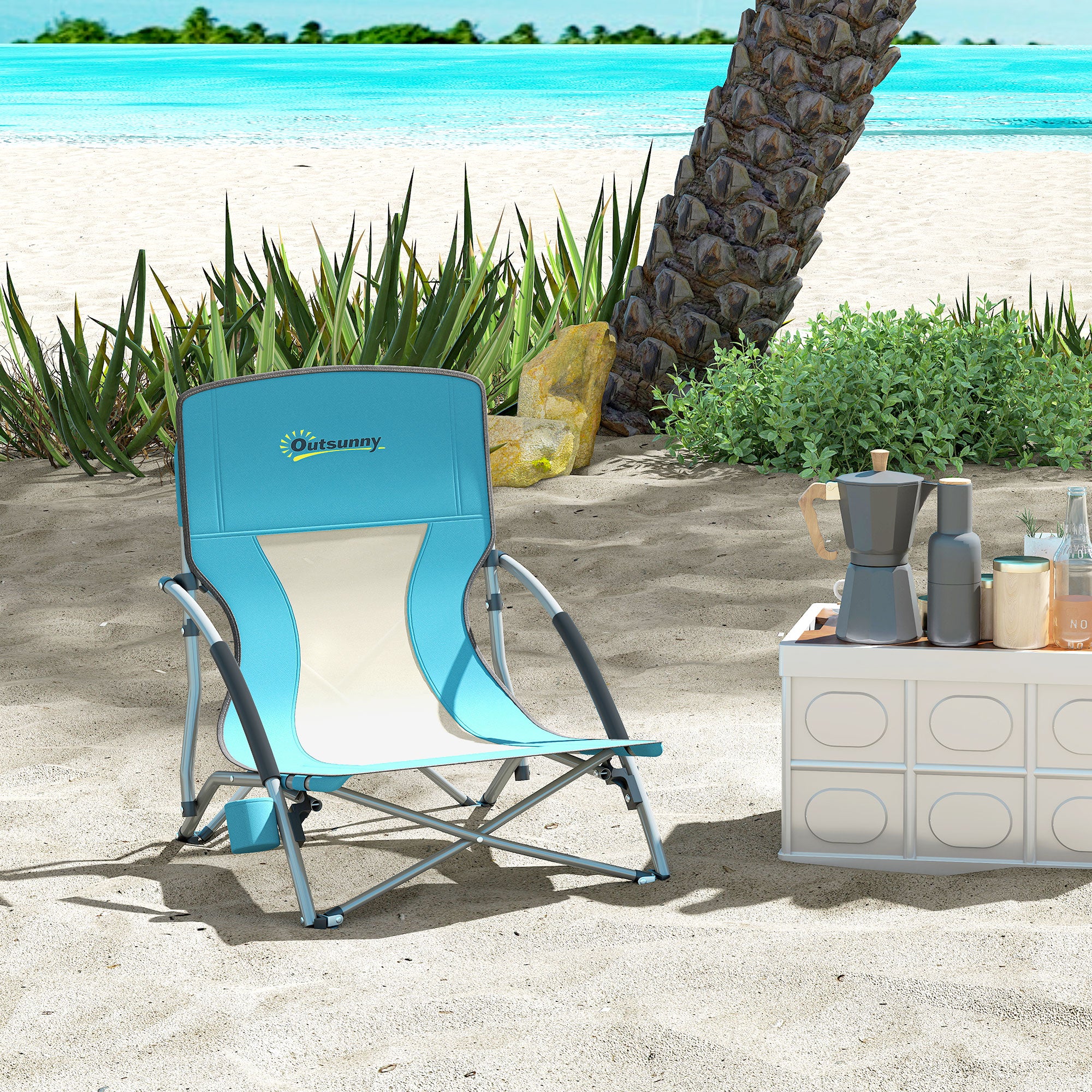 Folding Beach Chair, Lightweight Camping Chair 2.2 kg, with Mesh Backrest, Carrying Bag, and Cup Holder for Garden, Picnic, Festival, Travel, Blue
