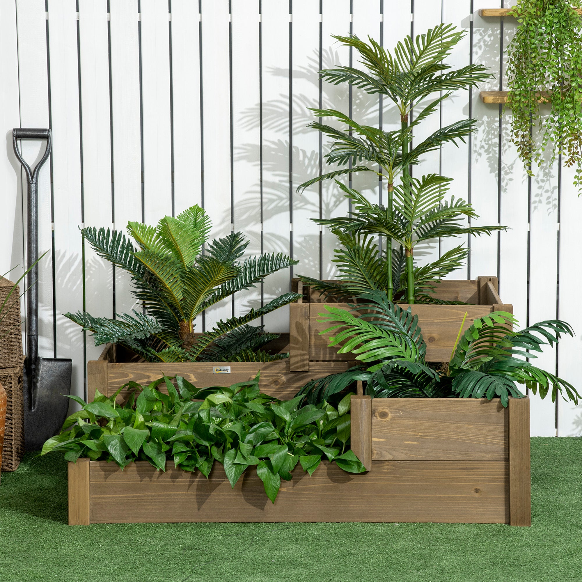 raised bed vegetable bed flower box with 3 steps, plant box for herbs on terrace and balcony, fir wood, brown, 122 x 122 x 51 cm