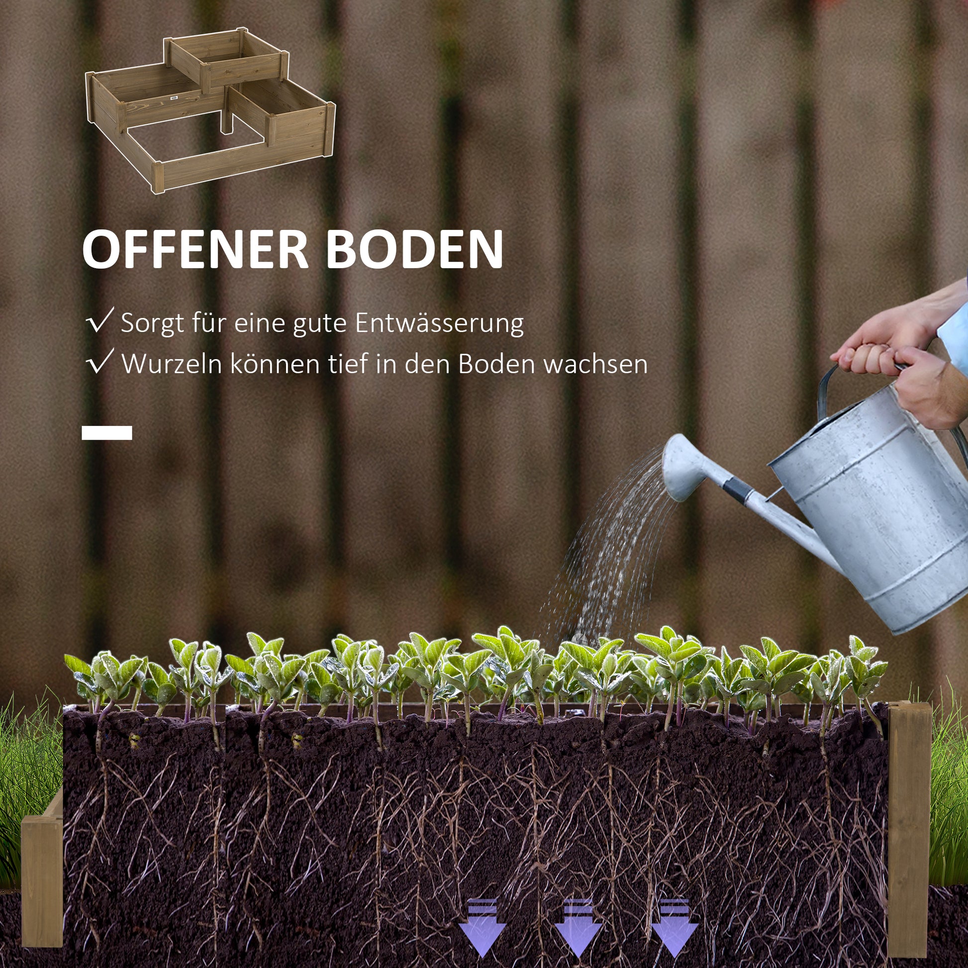 raised bed vegetable bed flower box with 3 steps, plant box for herbs on terrace and balcony, fir wood, brown, 122 x 122 x 51 cm