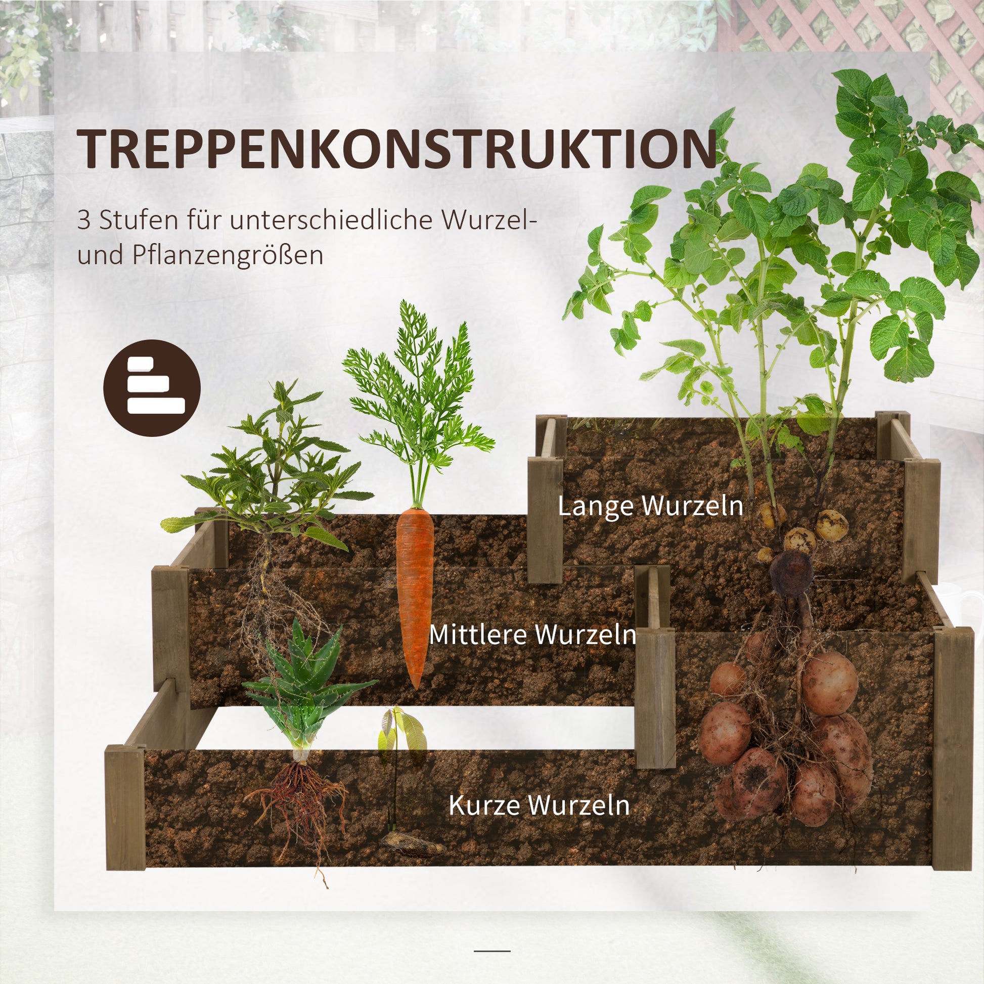 raised bed vegetable bed flower box with 3 steps, plant box for herbs on terrace and balcony, fir wood, brown, 122 x 122 x 51 cm
