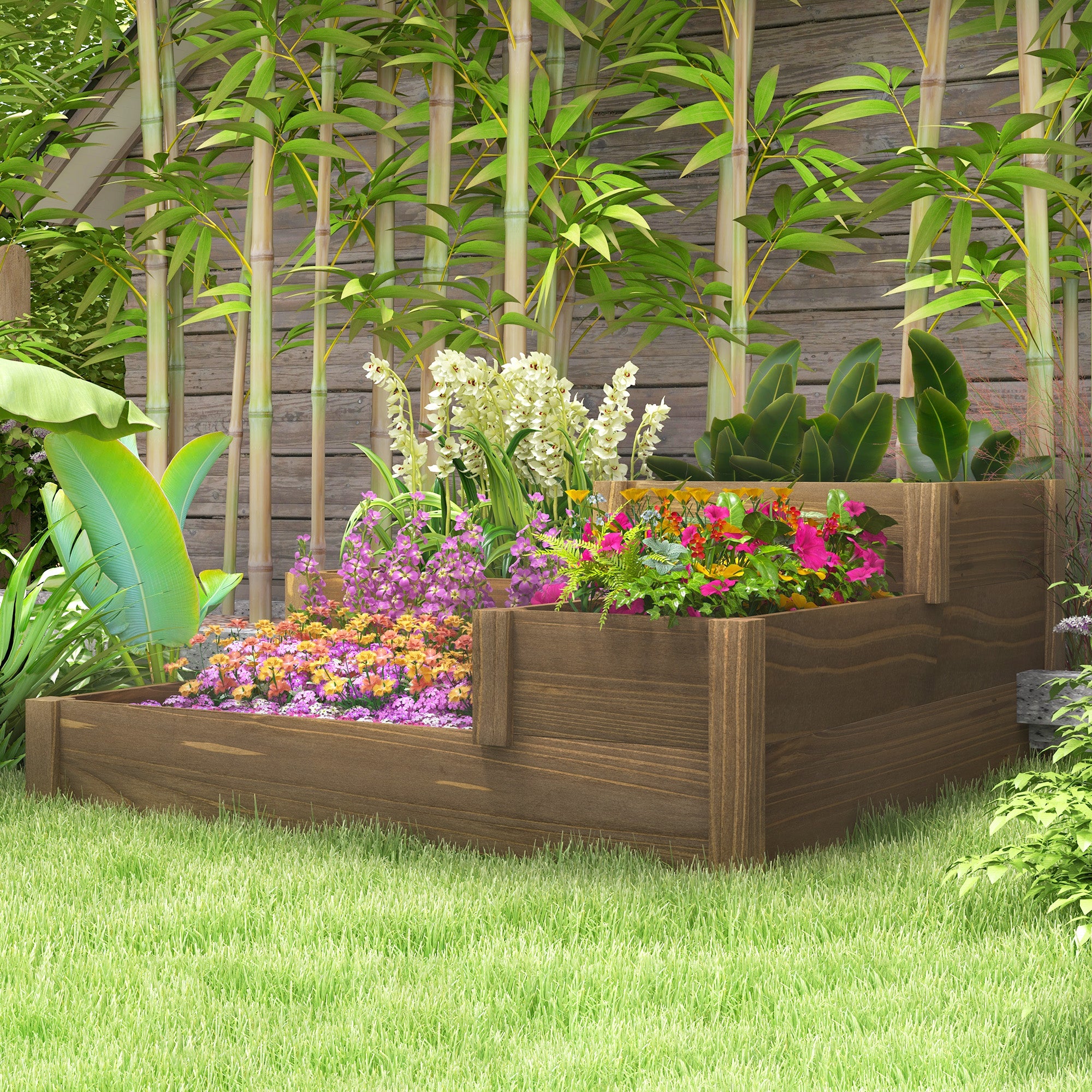 raised bed vegetable bed flower box with 3 steps, plant box for herbs on terrace and balcony, fir wood, brown, 122 x 122 x 51 cm