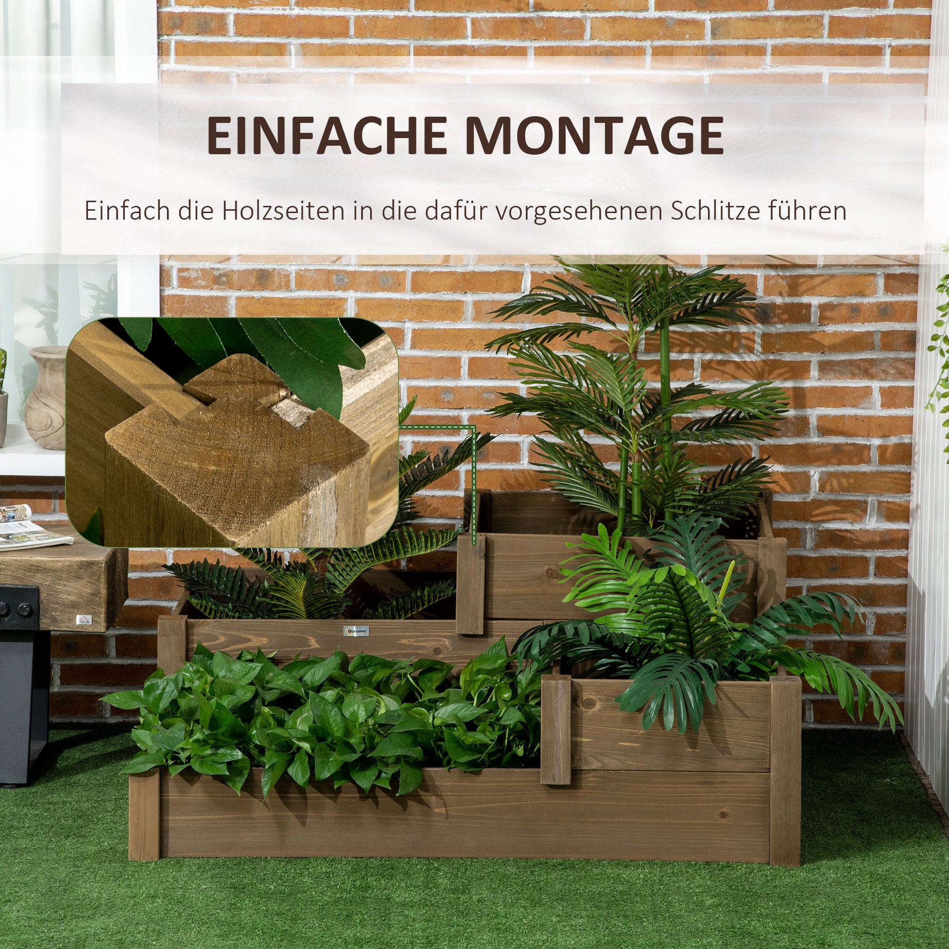 raised bed vegetable bed flower box with 3 steps, plant box for herbs on terrace and balcony, fir wood, brown, 122 x 122 x 51 cm