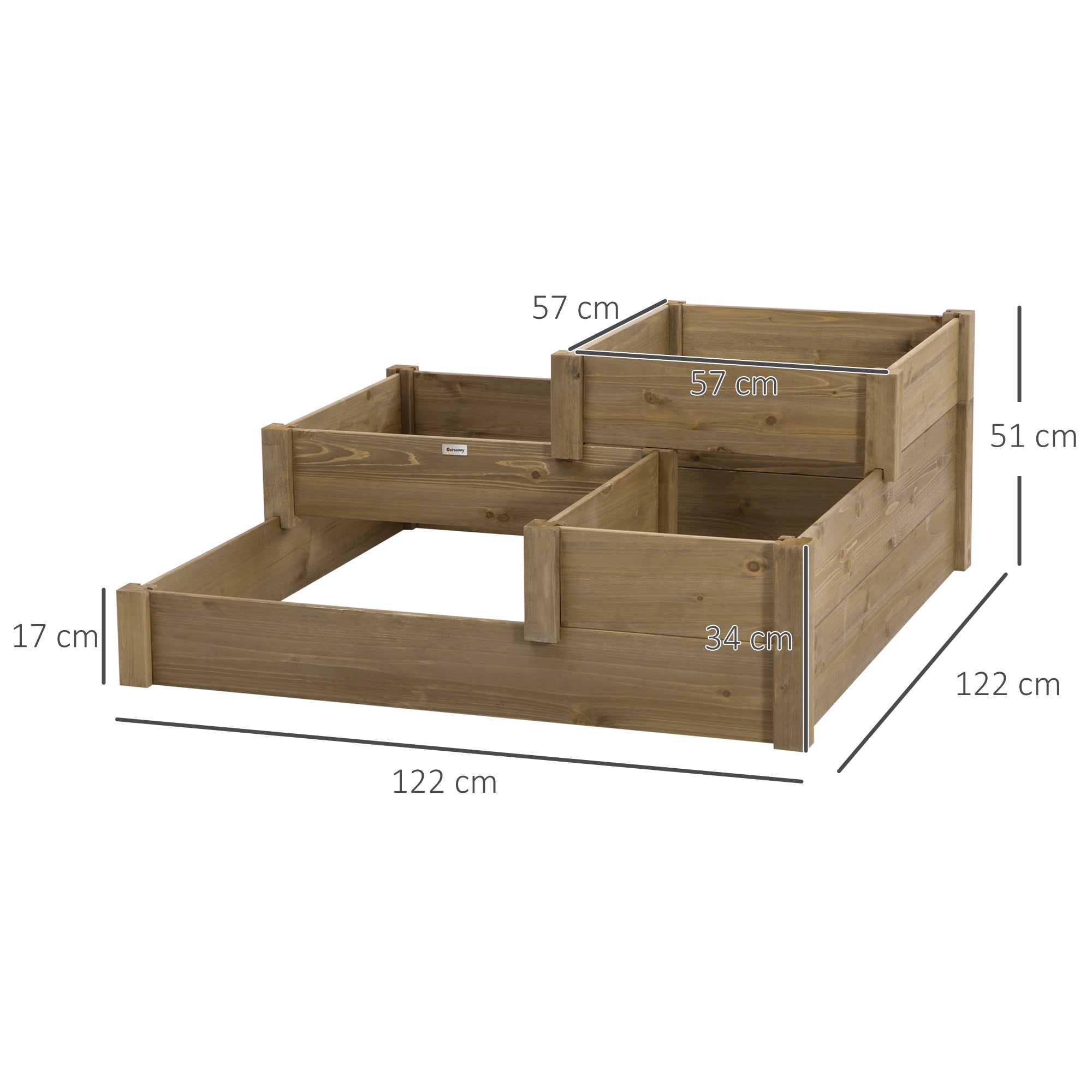 raised bed vegetable bed flower box with 3 steps, plant box for herbs on terrace and balcony, fir wood, brown, 122 x 122 x 51 cm