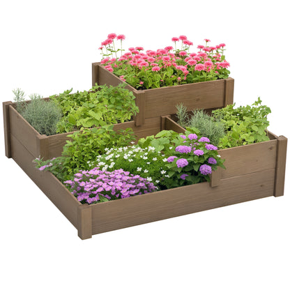 raised bed vegetable bed flower box with 3 steps, plant box for herbs on terrace and balcony, fir wood, brown, 122 x 122 x 51 cm