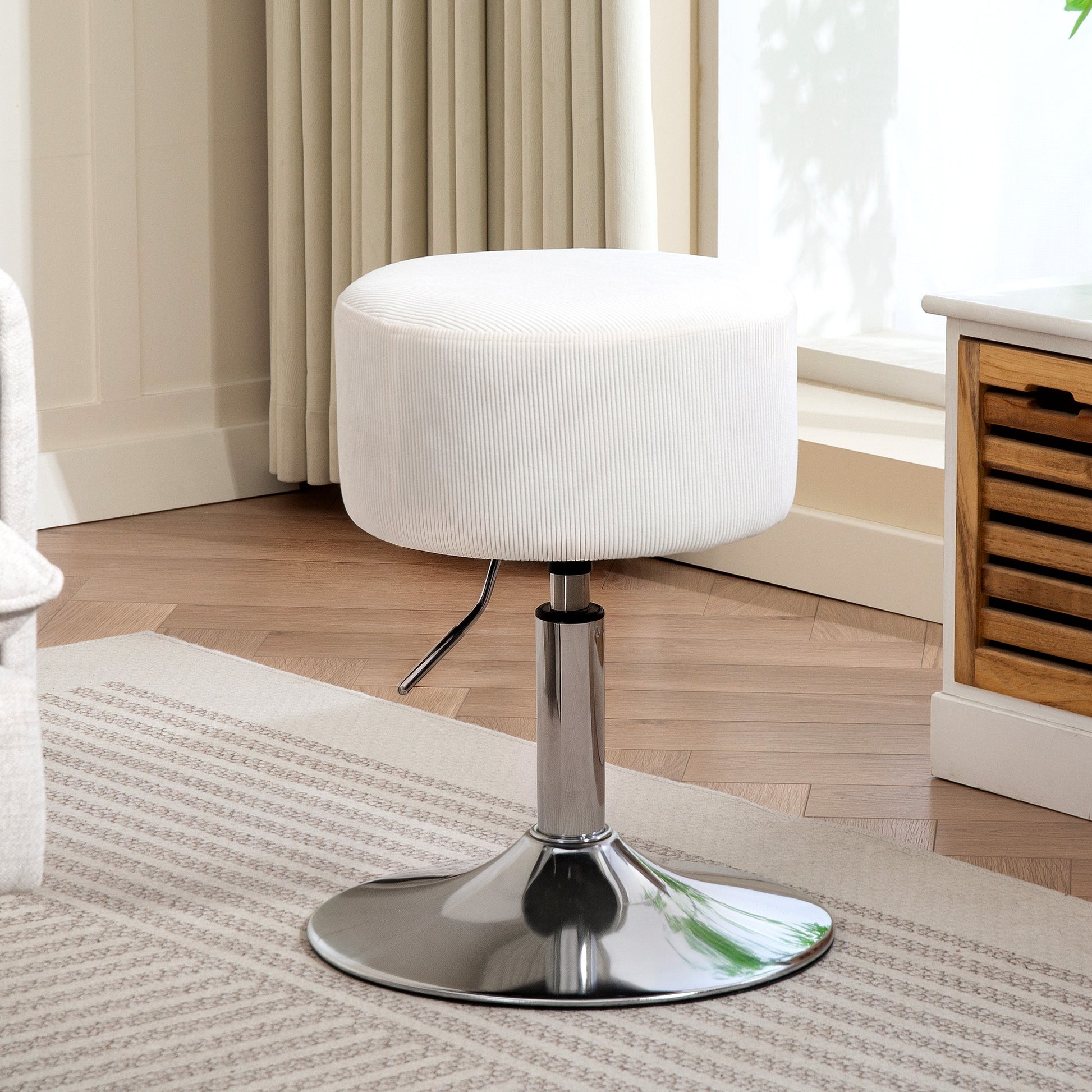 Bar Stool, Padded Bar Chair with Metal Frame, Cord Look, Height Adjustable Kitchen Stool with Footrest 360° Swivel Barstool for Kitchen, Living Room, Dining Room White