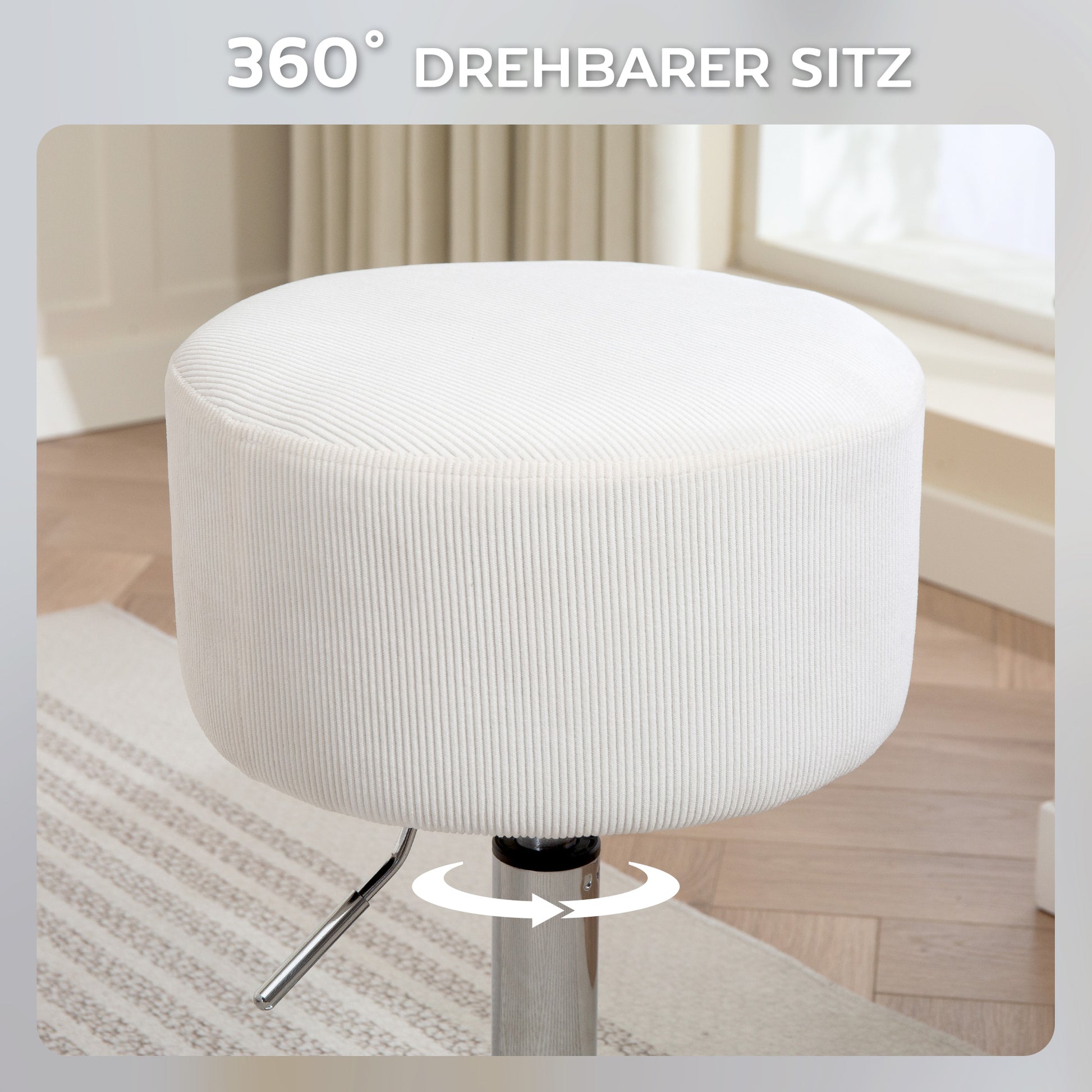 Bar Stool, Padded Bar Chair with Metal Frame, Cord Look, Height Adjustable Kitchen Stool with Footrest 360° Swivel Barstool for Kitchen, Living Room, Dining Room White