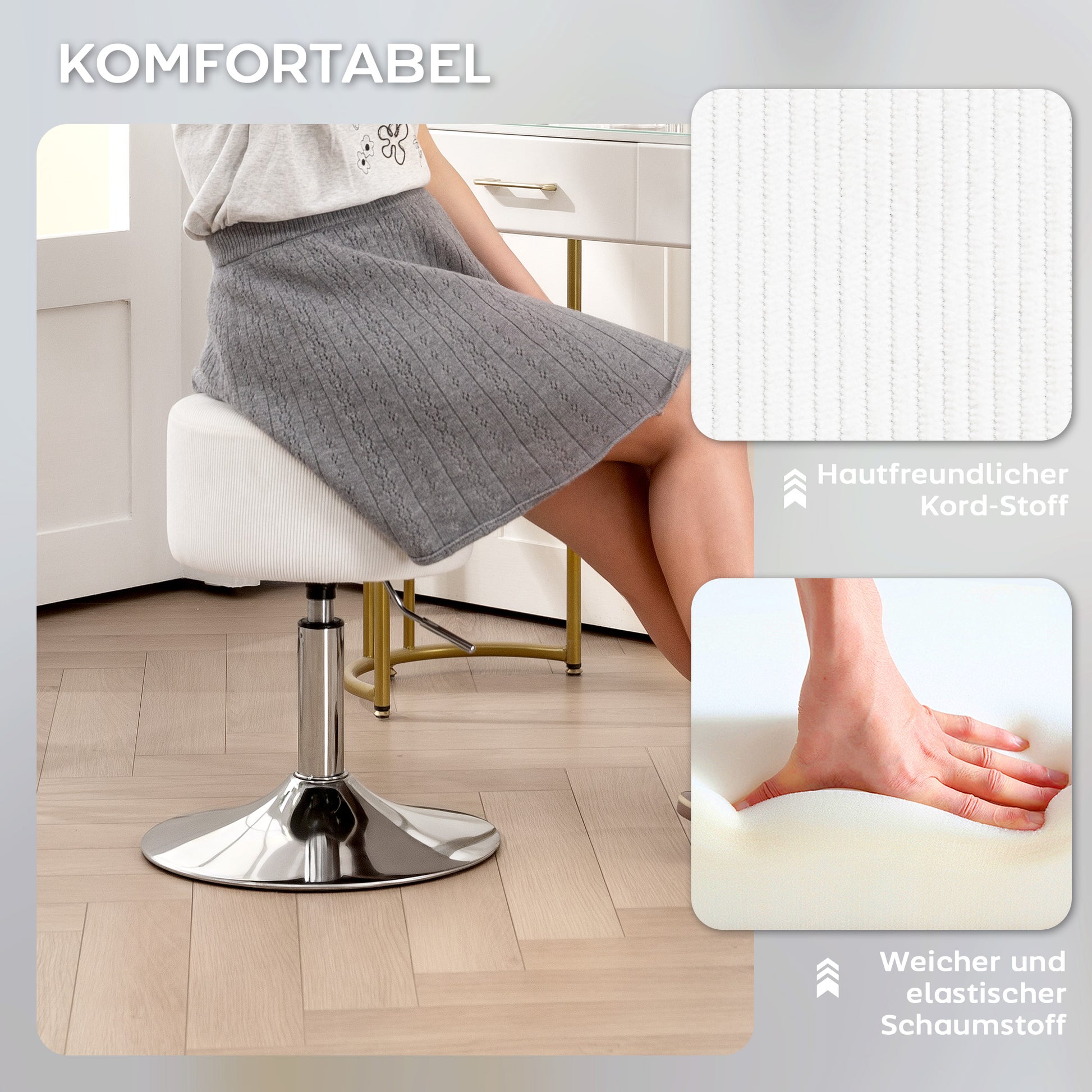 Bar Stool, Padded Bar Chair with Metal Frame, Cord Look, Height Adjustable Kitchen Stool with Footrest 360° Swivel Barstool for Kitchen, Living Room, Dining Room White