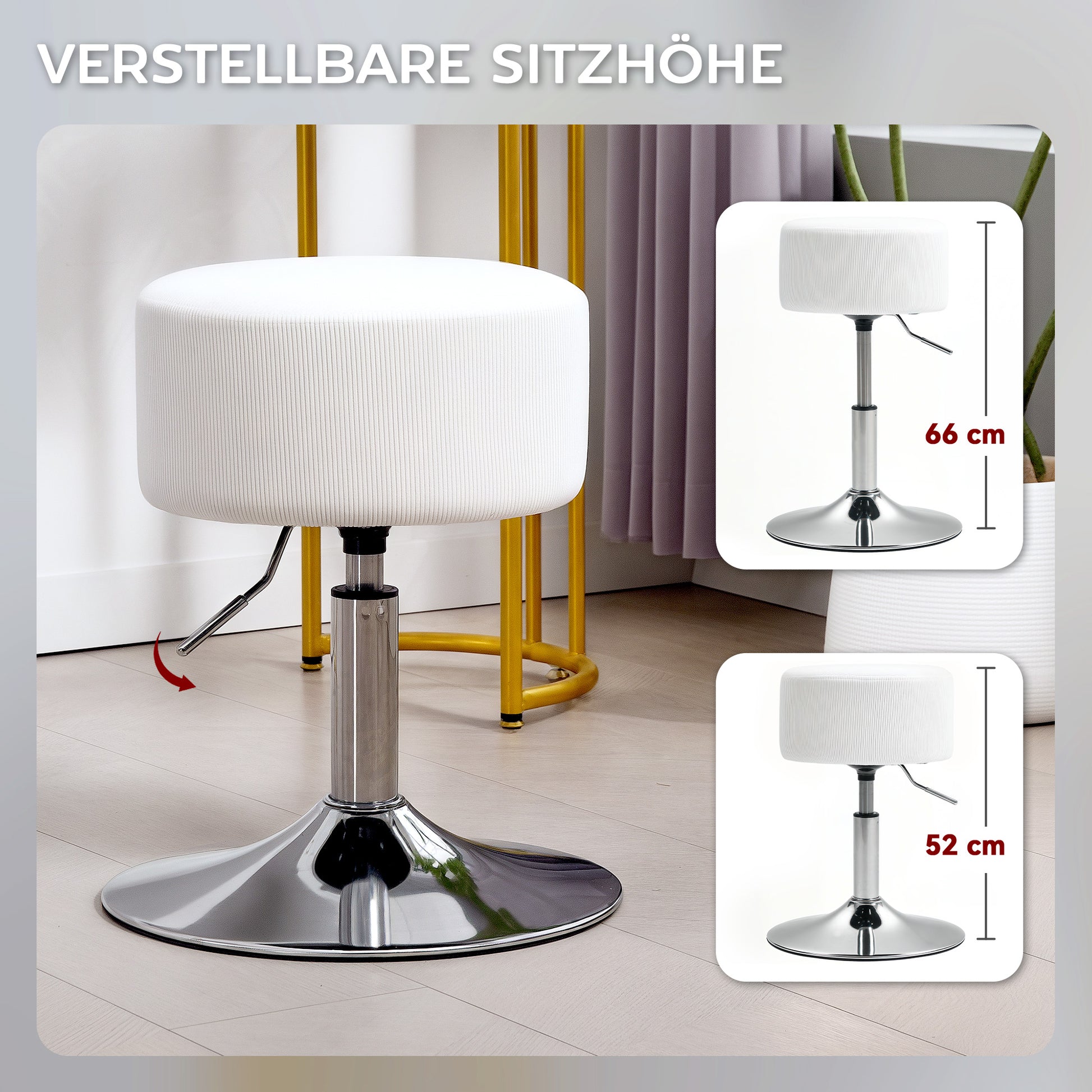 Bar Stool, Padded Bar Chair with Metal Frame, Cord Look, Height Adjustable Kitchen Stool with Footrest 360° Swivel Barstool for Kitchen, Living Room, Dining Room White