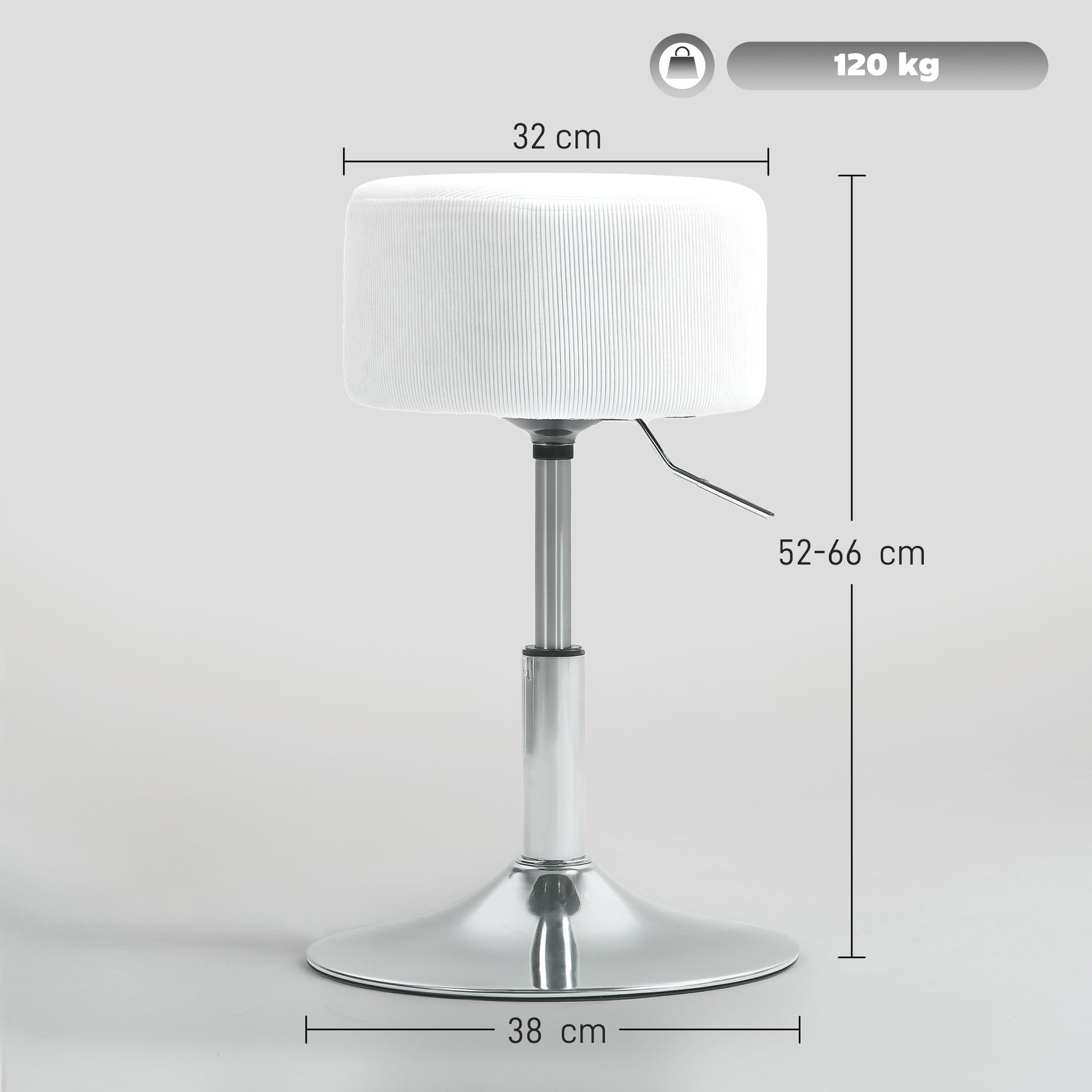 Bar Stool, Padded Bar Chair with Metal Frame, Cord Look, Height Adjustable Kitchen Stool with Footrest 360° Swivel Barstool for Kitchen, Living Room, Dining Room White